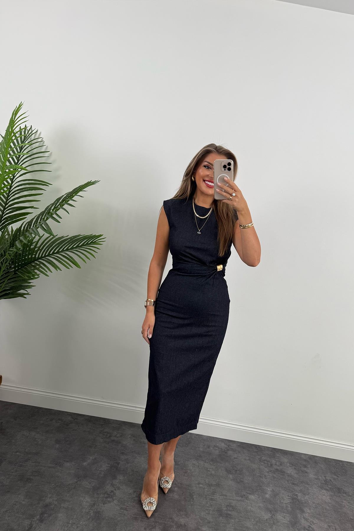 Gold Tokalı Premium Kalite Midi Boy Likralı Jean Elbise