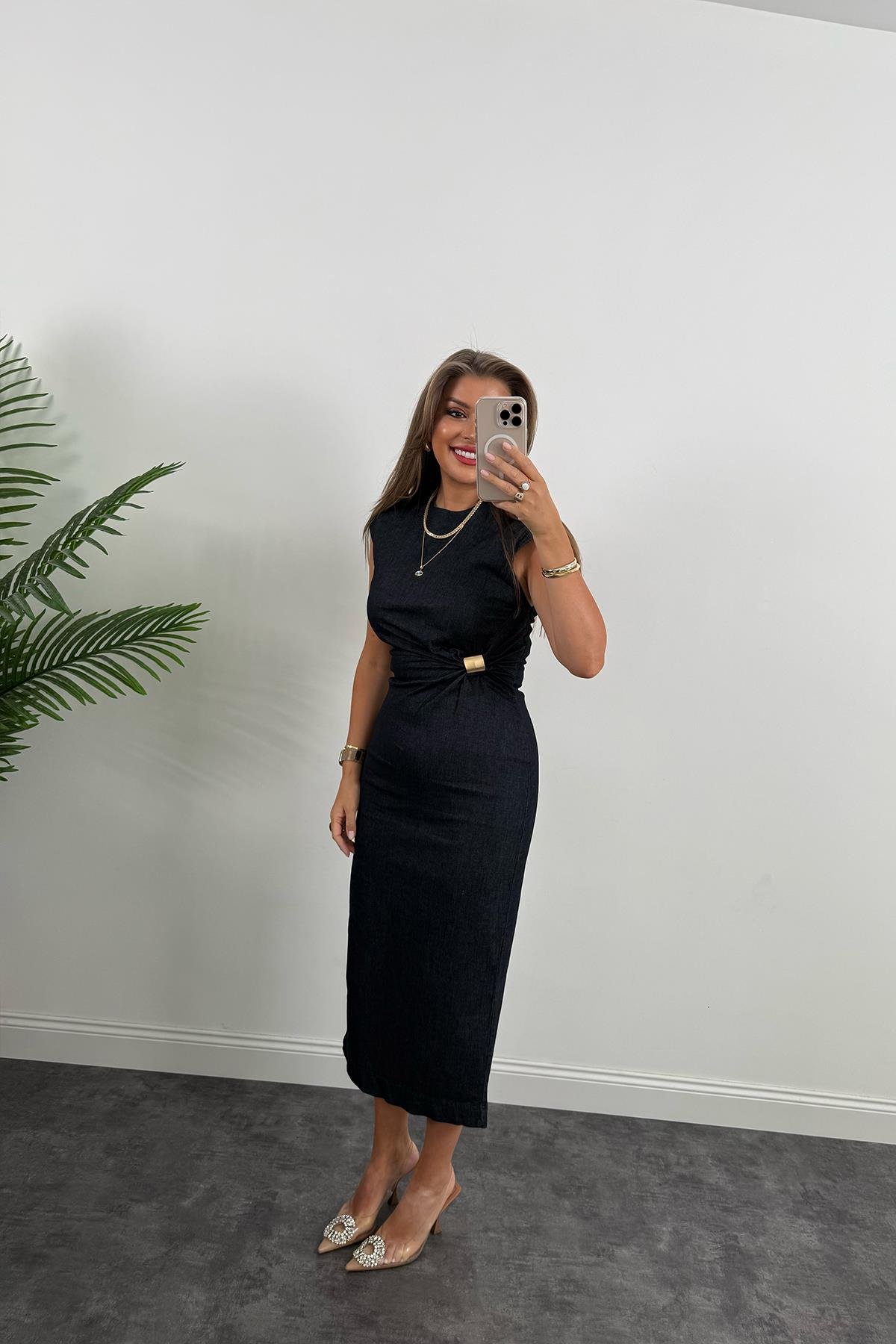 Gold Tokalı Premium Kalite Midi Boy Likralı Jean Elbise