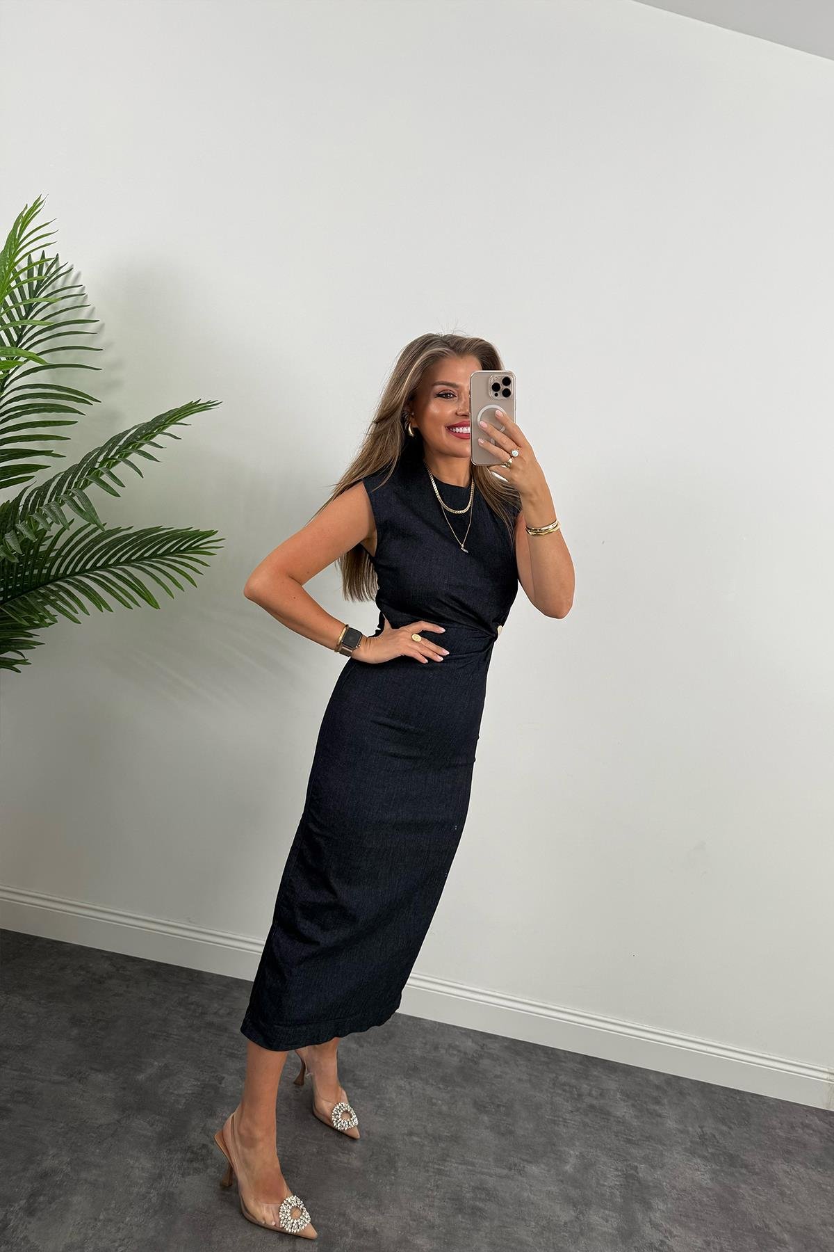 Gold Tokalı Premium Kalite Midi Boy Likralı Jean Elbise