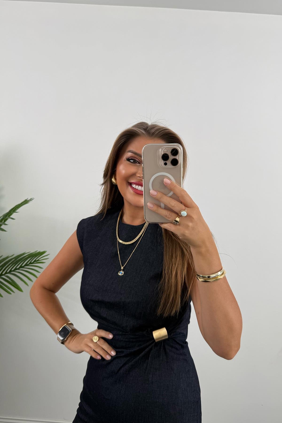 Gold Tokalı Premium Kalite Midi Boy Likralı Jean Elbise