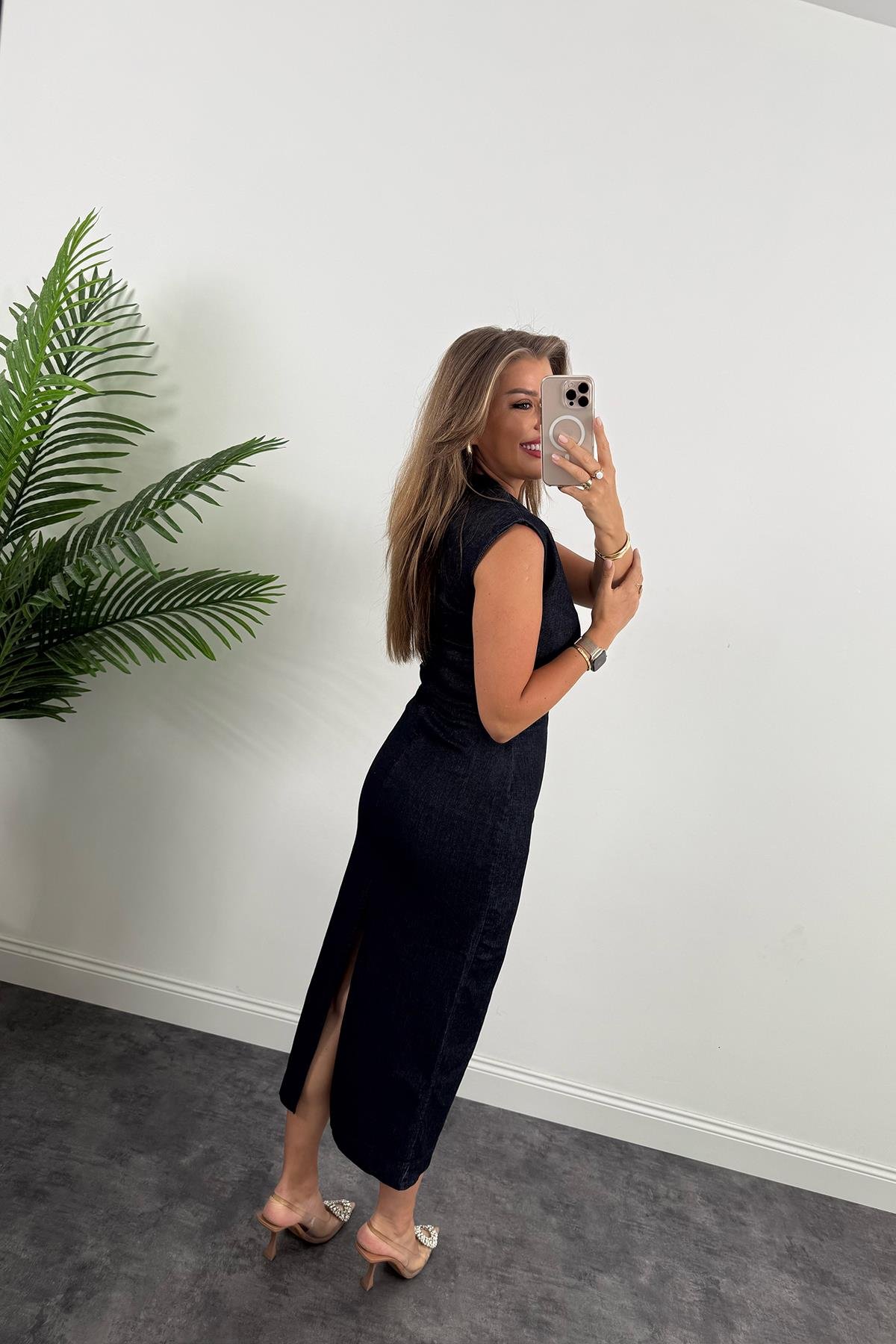 Gold Tokalı Premium Kalite Midi Boy Likralı Jean Elbise