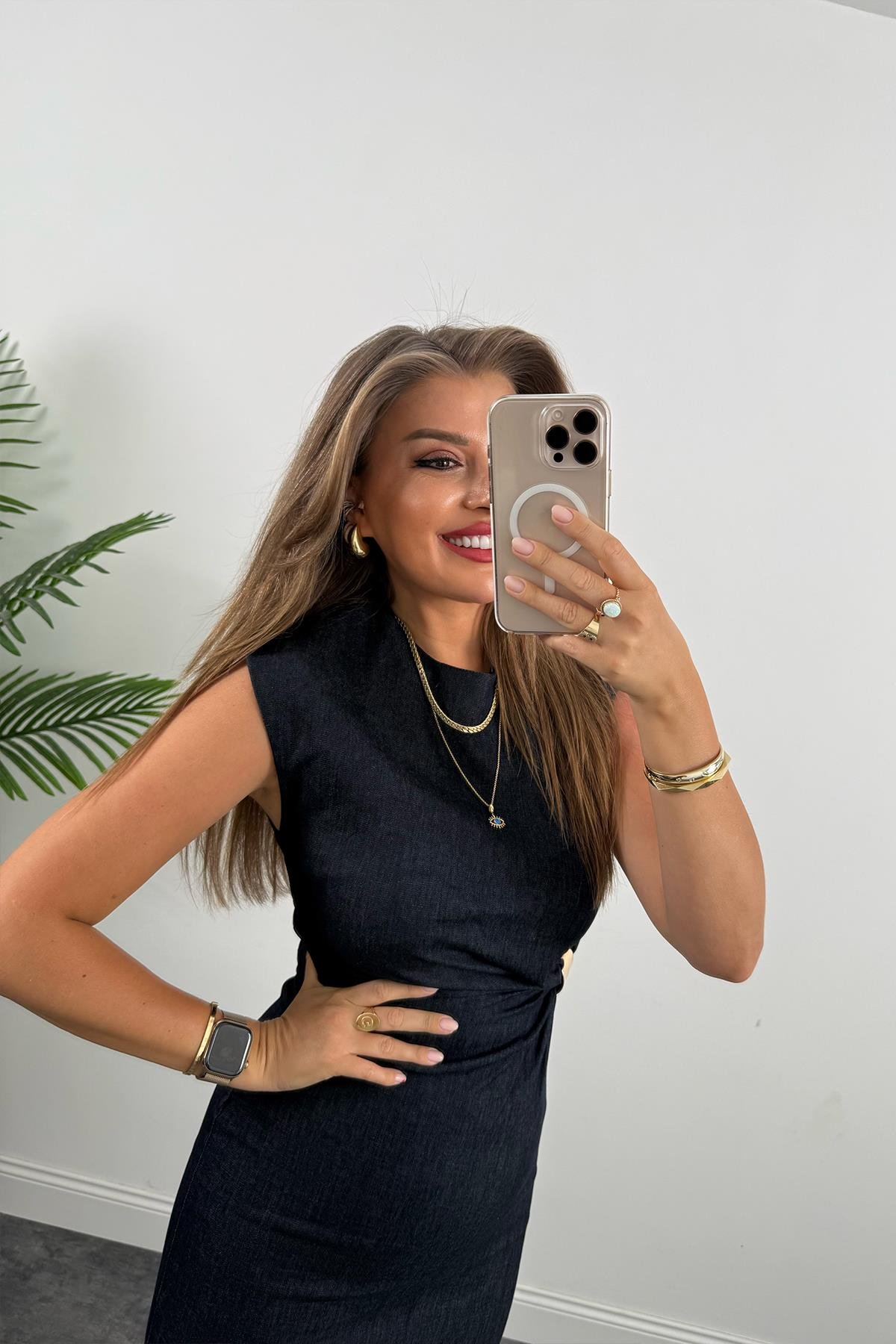 Gold Tokalı Premium Kalite Midi Boy Likralı Jean Elbise