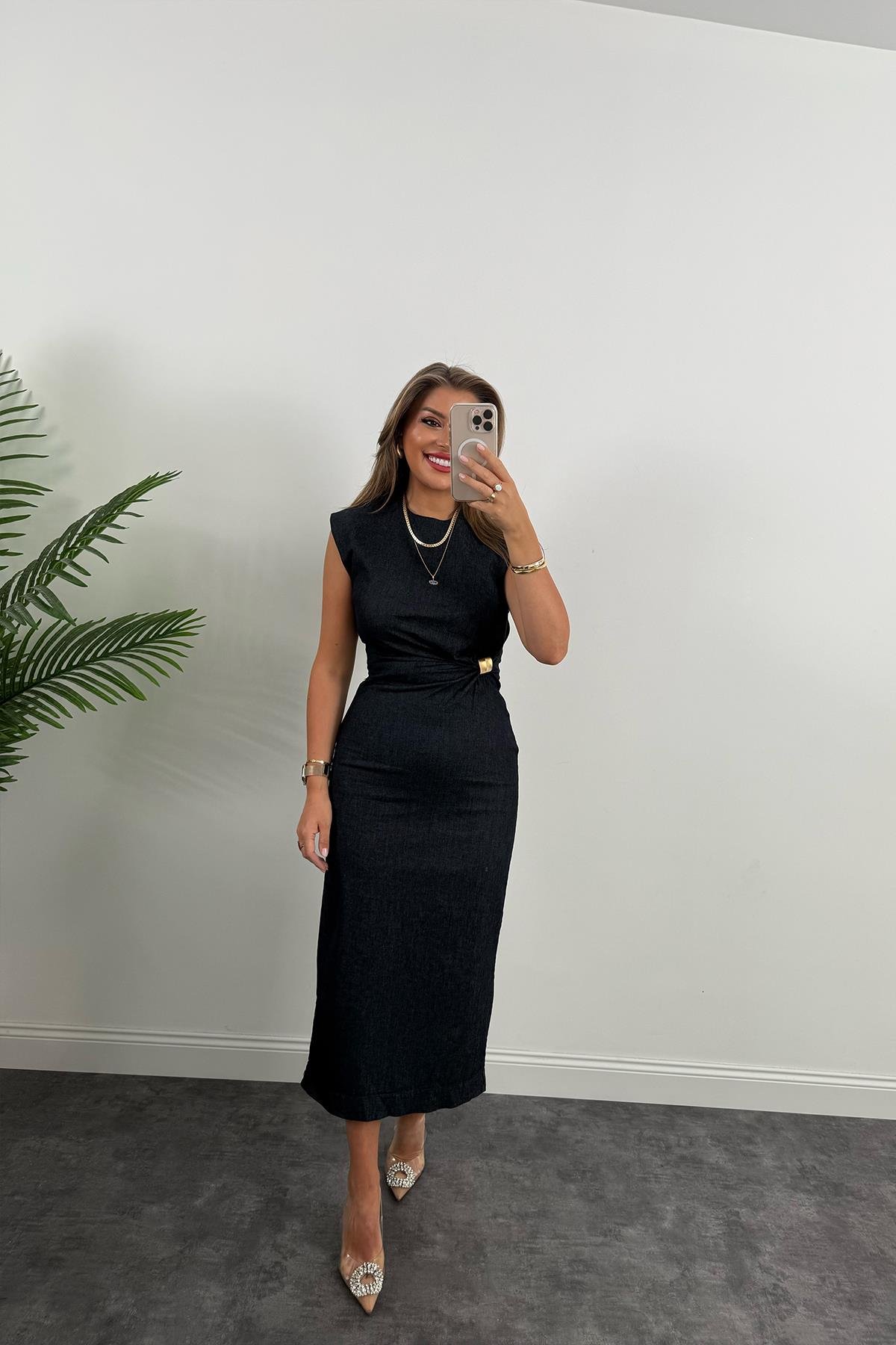 Gold Tokalı Premium Kalite Midi Boy Likralı Jean Elbise