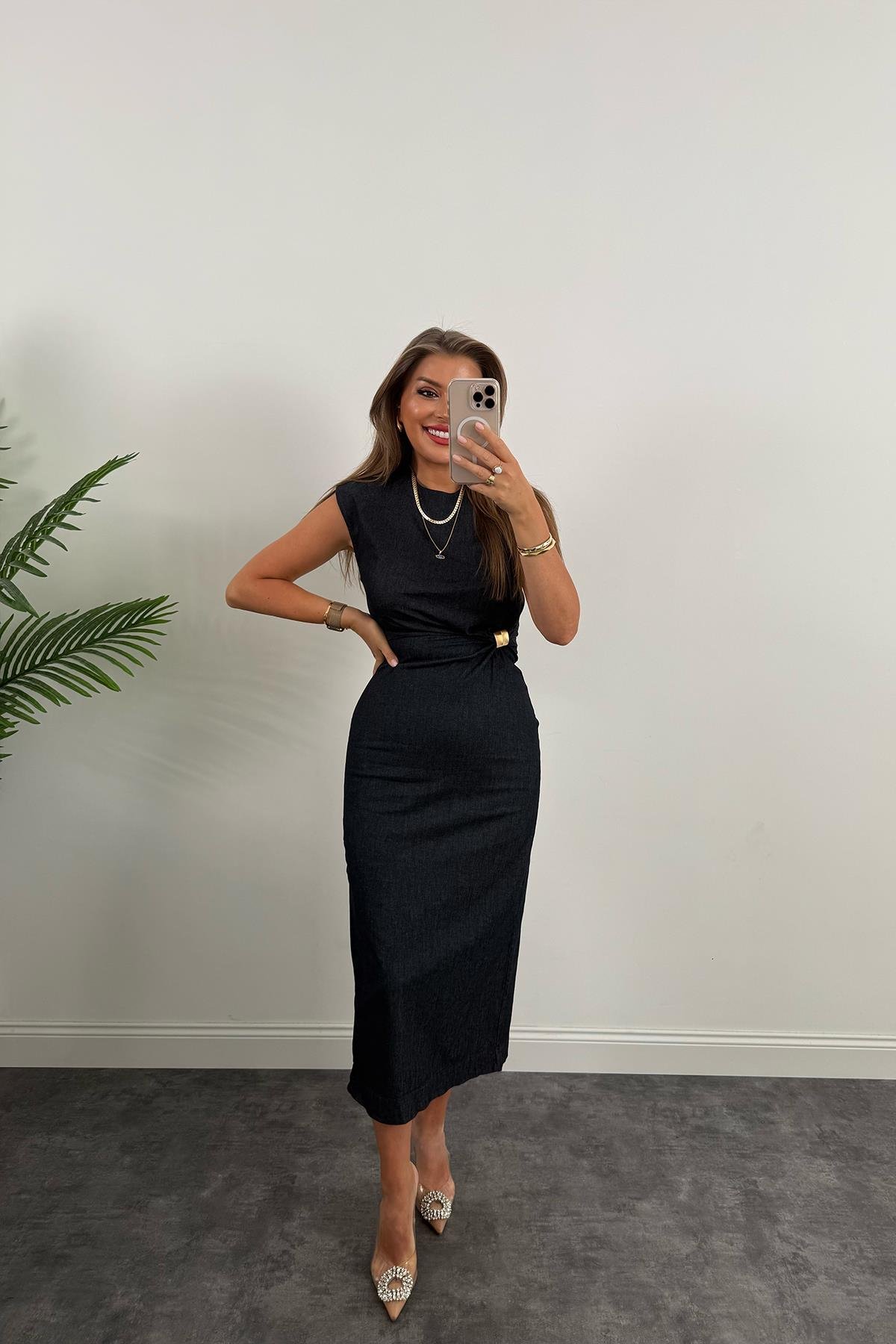 Gold Tokalı Premium Kalite Midi Boy Likralı Jean Elbise