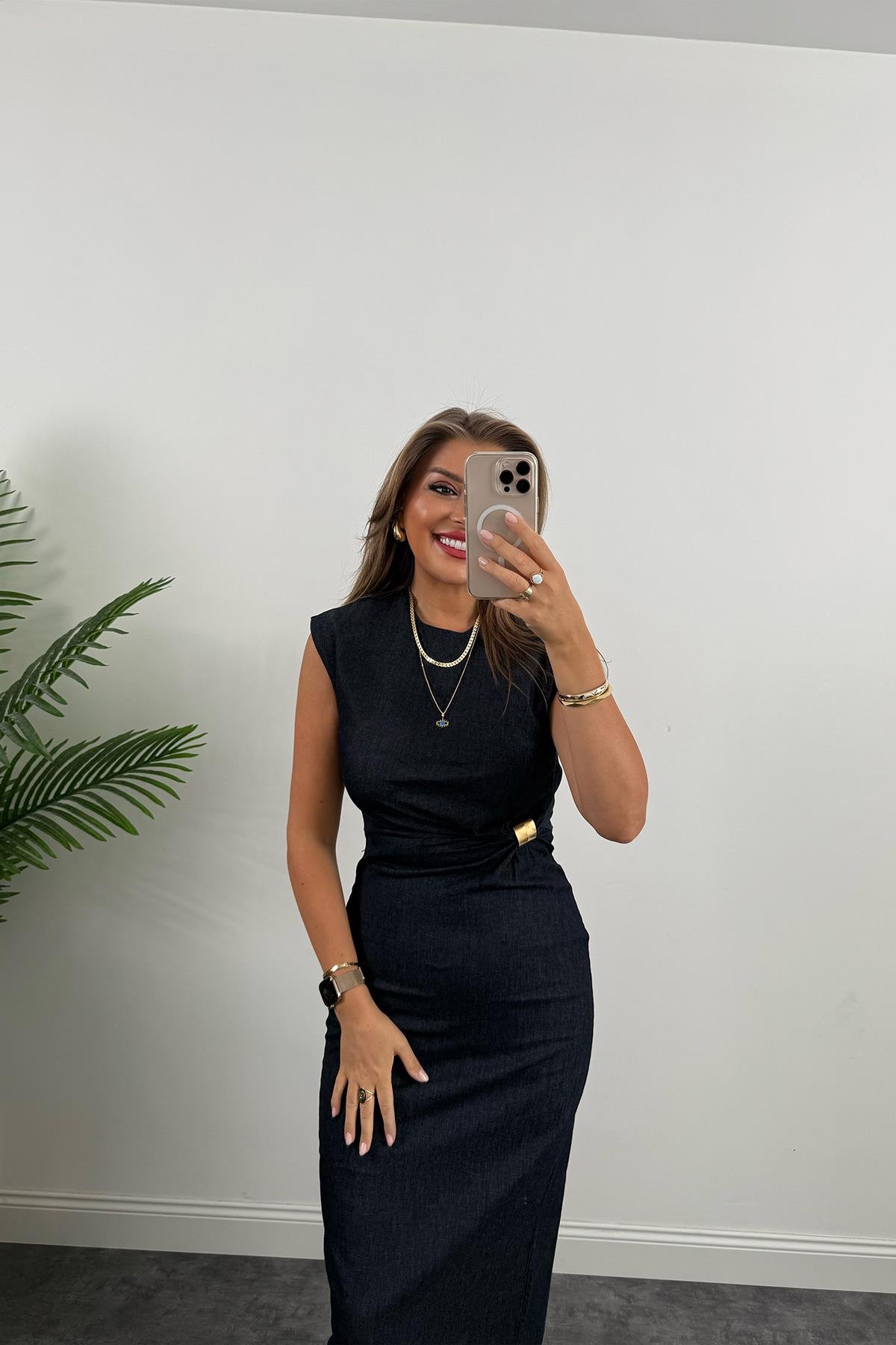 Gold Tokalı Premium Kalite Midi Boy Likralı Jean Elbise