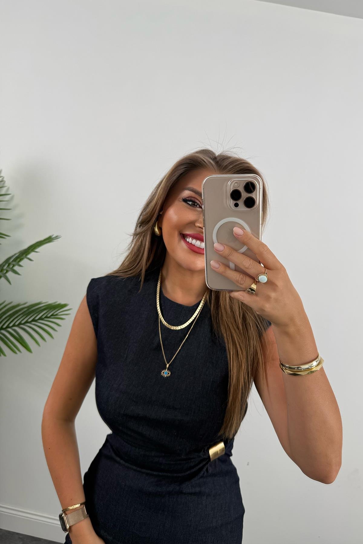 Gold Tokalı Premium Kalite Midi Boy Likralı Jean Elbise