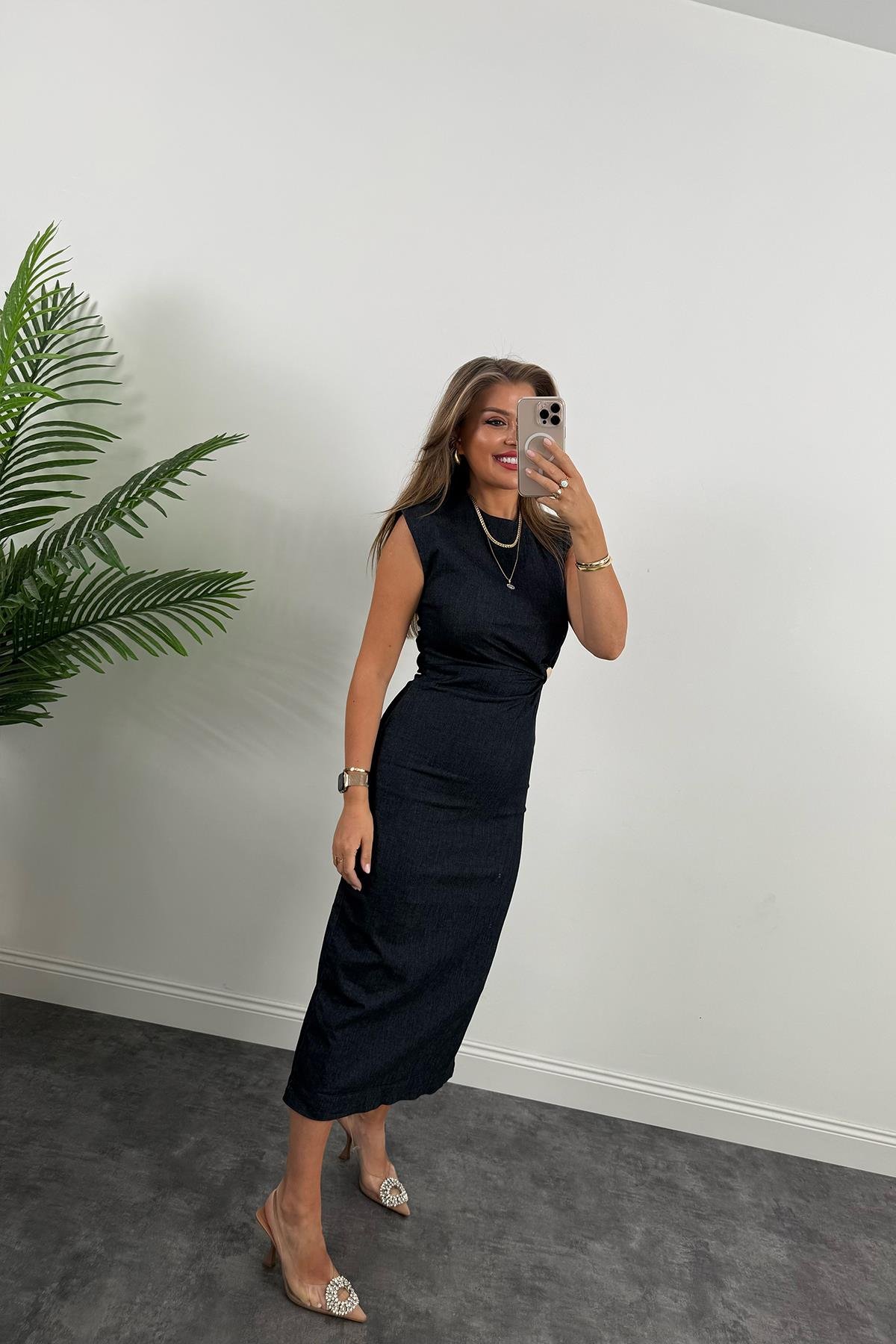 Gold Tokalı Premium Kalite Midi Boy Likralı Jean Elbise