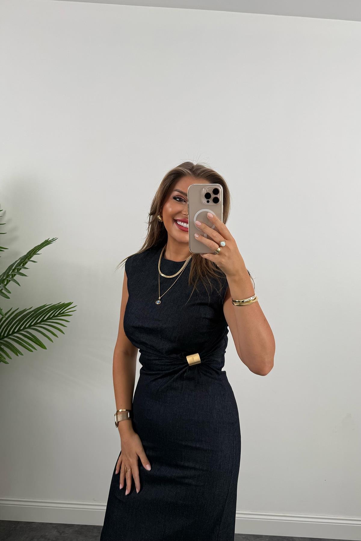 Gold Tokalı Premium Kalite Midi Boy Likralı Jean Elbise