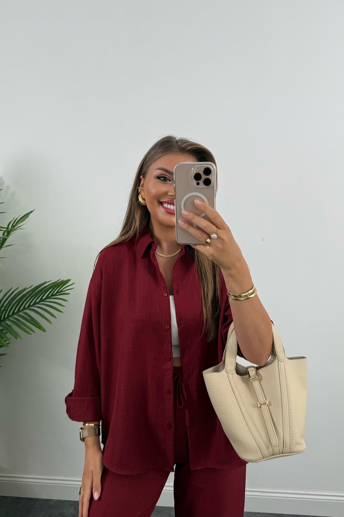 Gömlek Palazzo Pamuk Keten Basic Takım Bordo