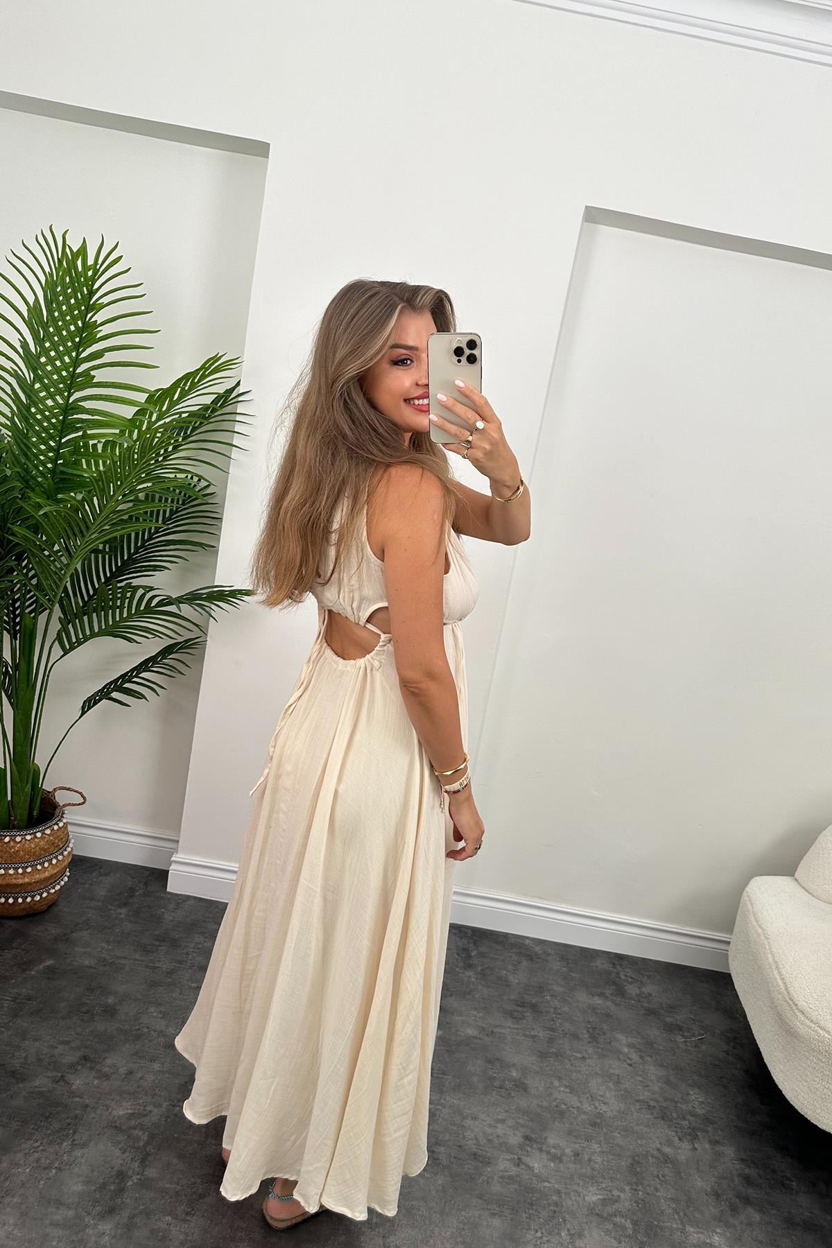 Helen Çift Yırtmaçlı Tasarım Müslin Maxi Elbise Naturel 
