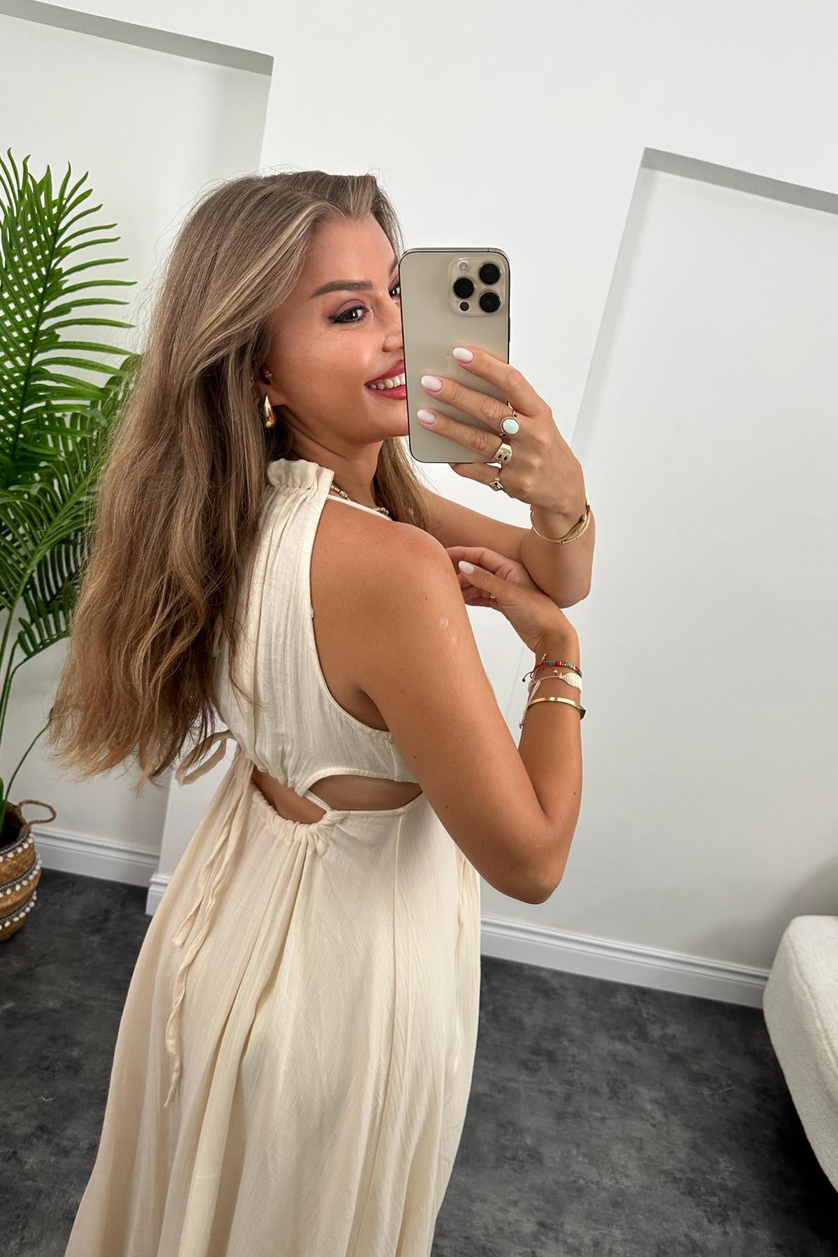 Helen Çift Yırtmaçlı Tasarım Müslin Maxi Elbise Naturel 