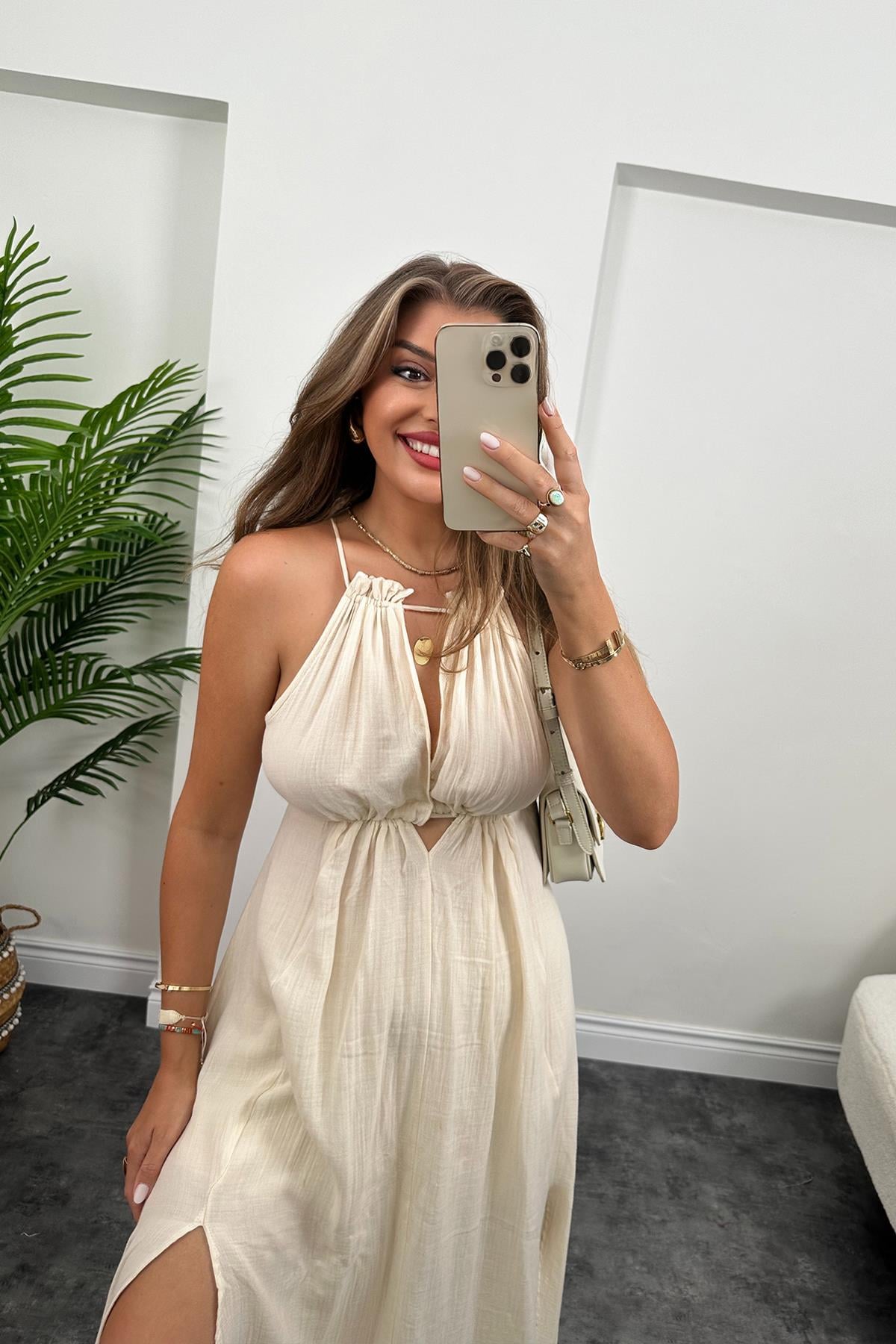 Helen Çift Yırtmaçlı Tasarım Müslin Maxi Elbise Naturel 