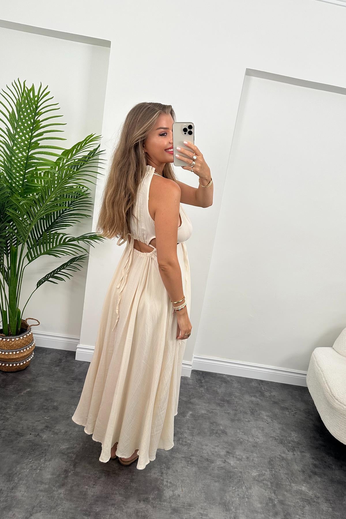 Helen Çift Yırtmaçlı Tasarım Müslin Maxi Elbise Naturel 