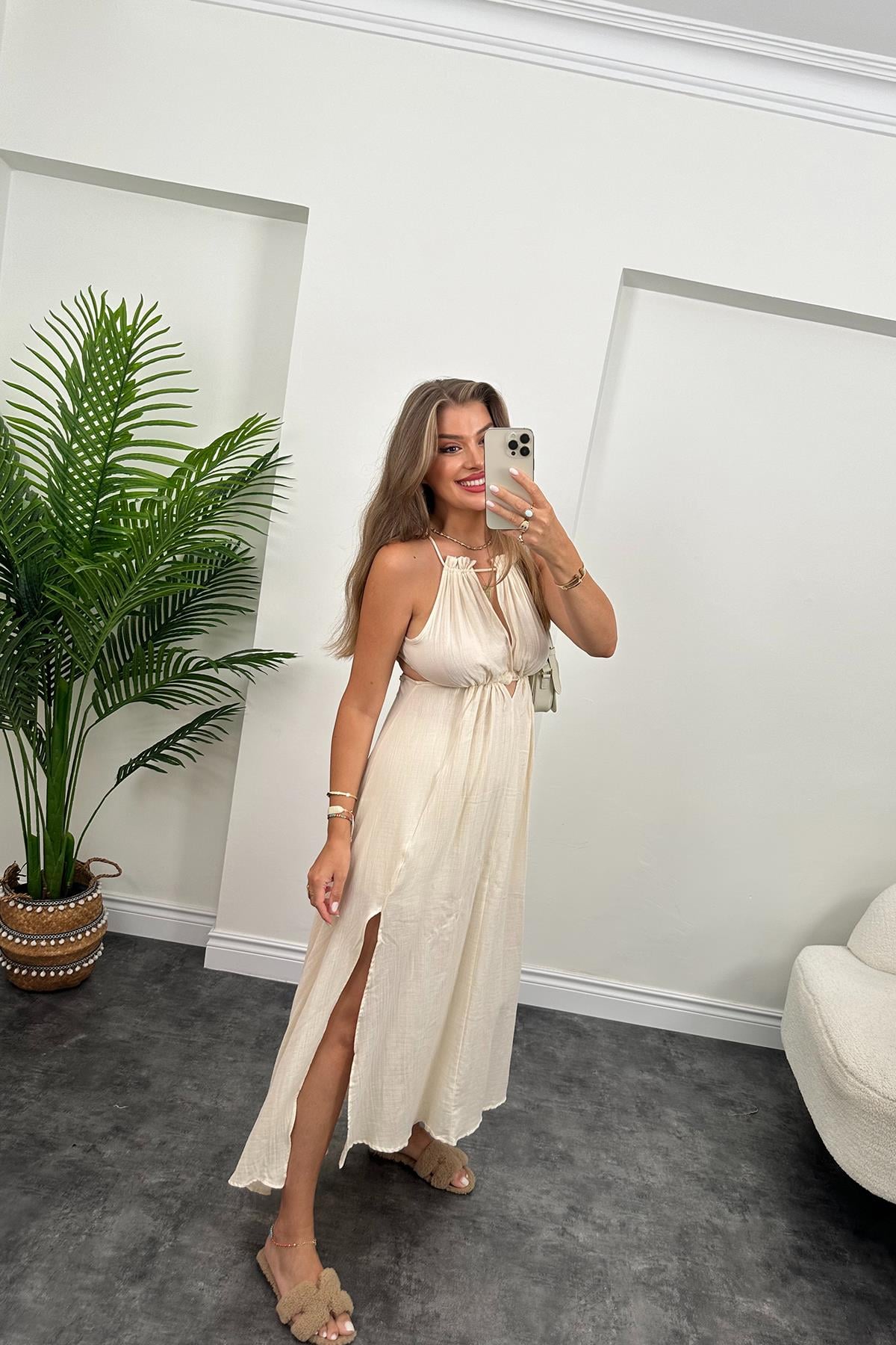 Helen Çift Yırtmaçlı Tasarım Müslin Maxi Elbise Naturel 