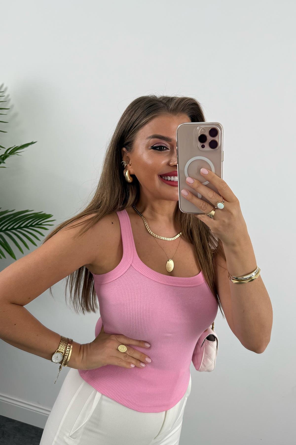 İnce Askılı U Yaka Fitilli Basic Atlet Pembe