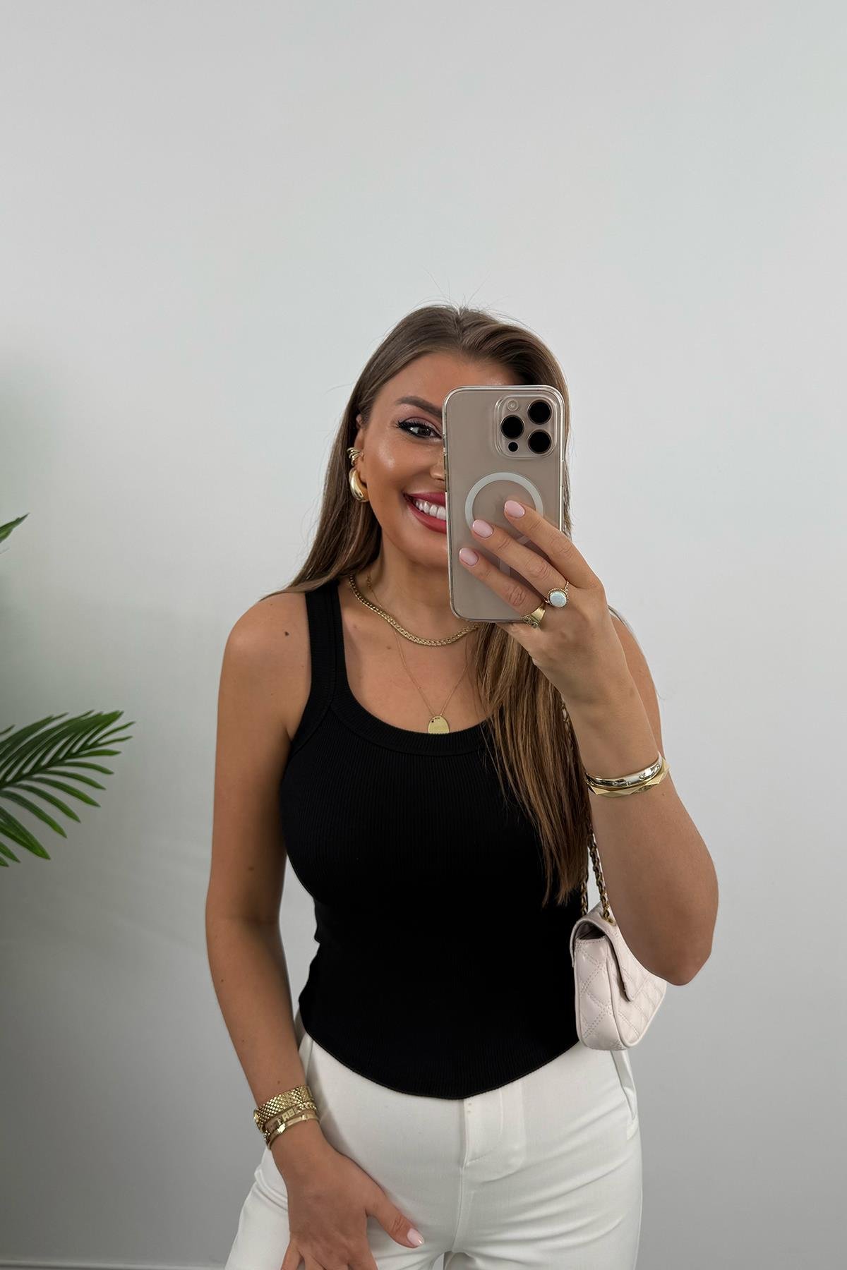 İnce Askılı U Yaka Fitilli Basic Atlet Siyah