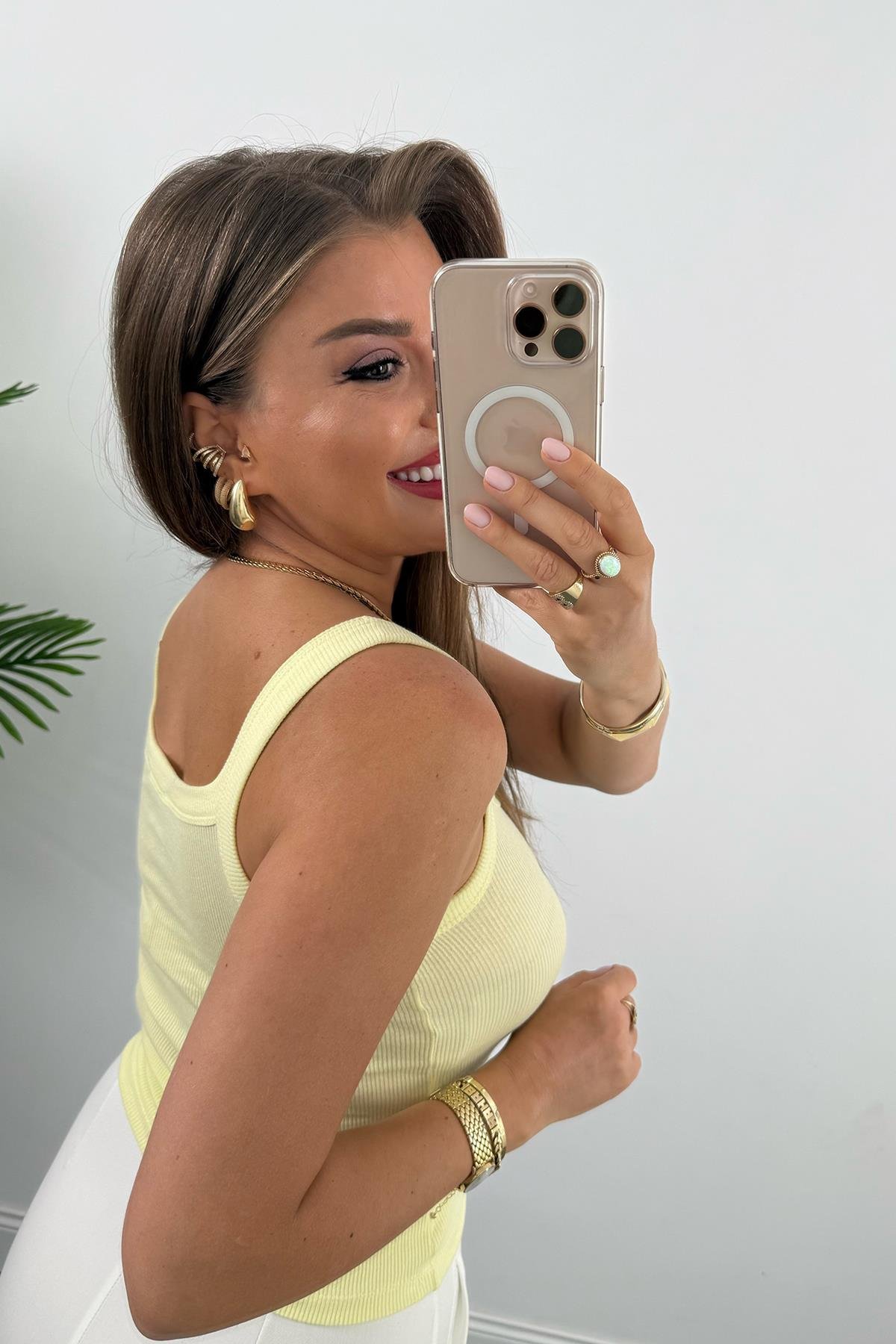 İnce Askılı U Yaka Fitilli Basic Atlet Sarı