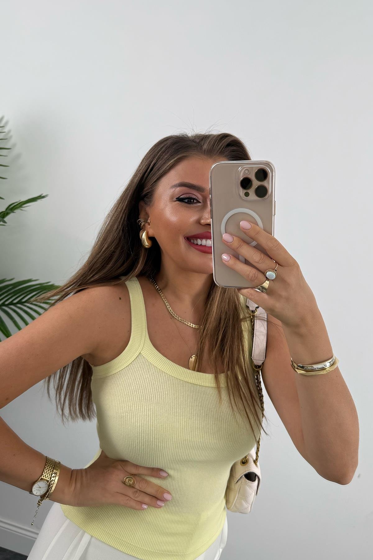 İnce Askılı U Yaka Fitilli Basic Atlet Sarı