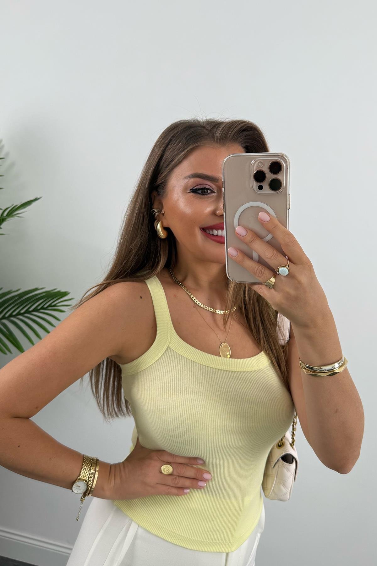 İnce Askılı U Yaka Fitilli Basic Atlet Sarı