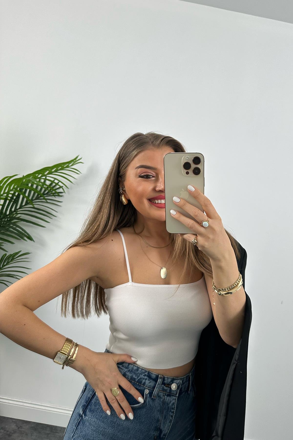 İp Askılı Elit Triko Crop Top Beyaz 