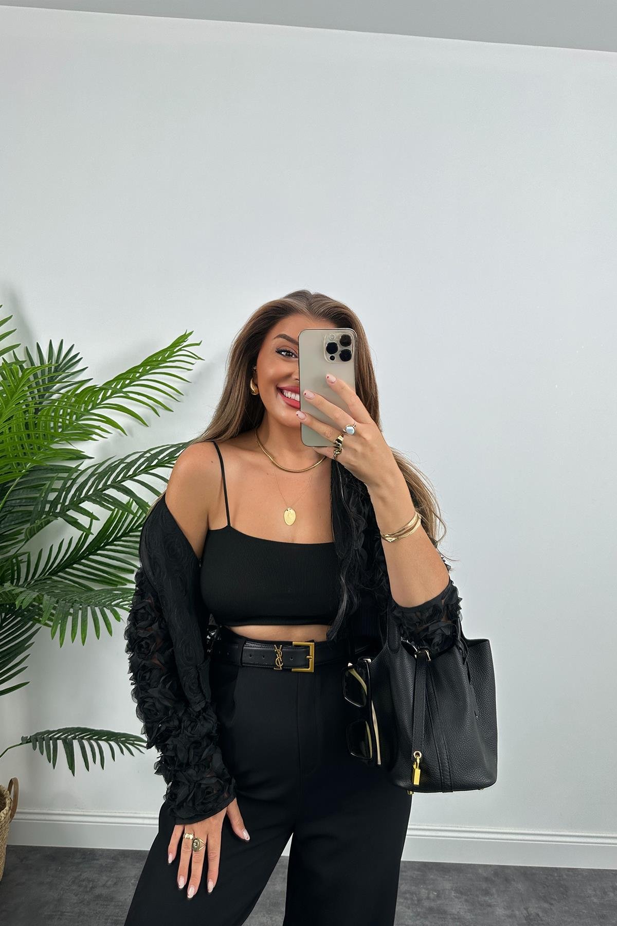 İp Askılı Elit Triko Crop Top Siyah 