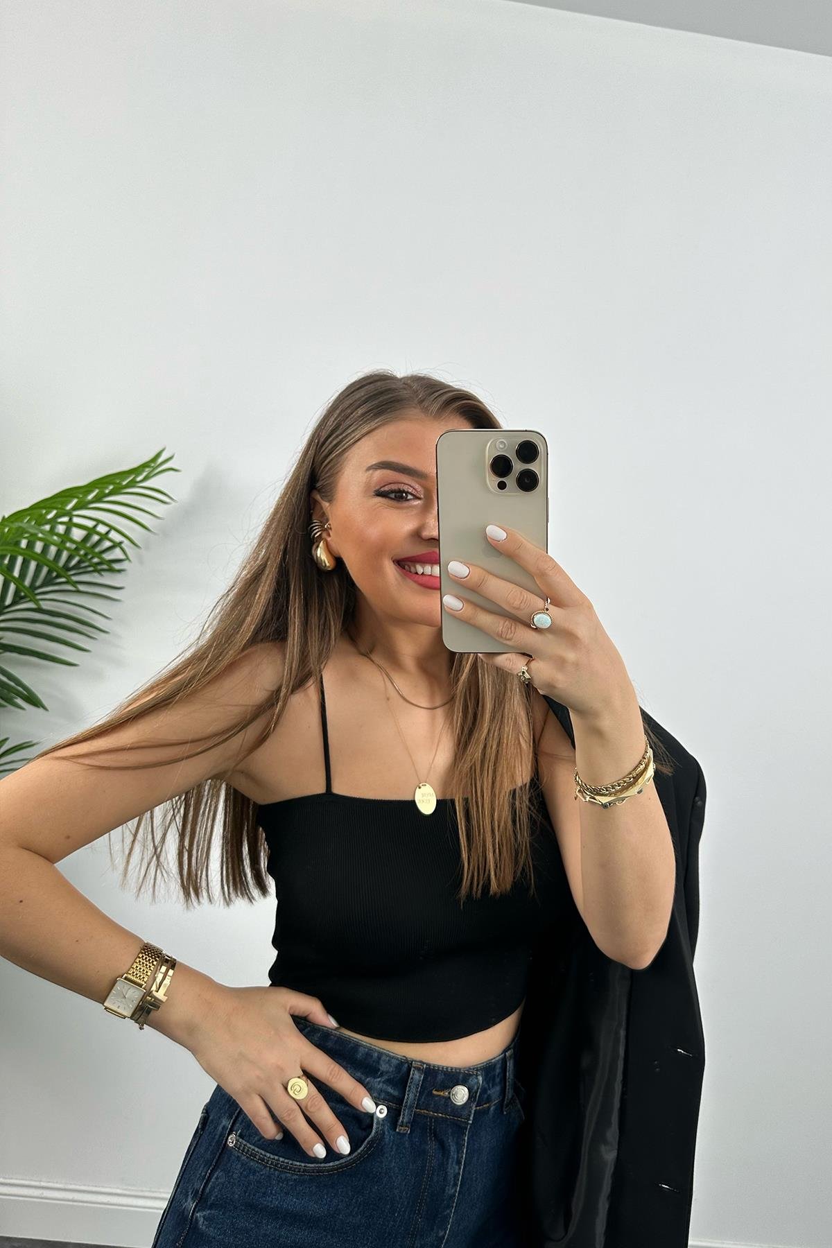 İp Askılı Elit Triko Crop Top Siyah 