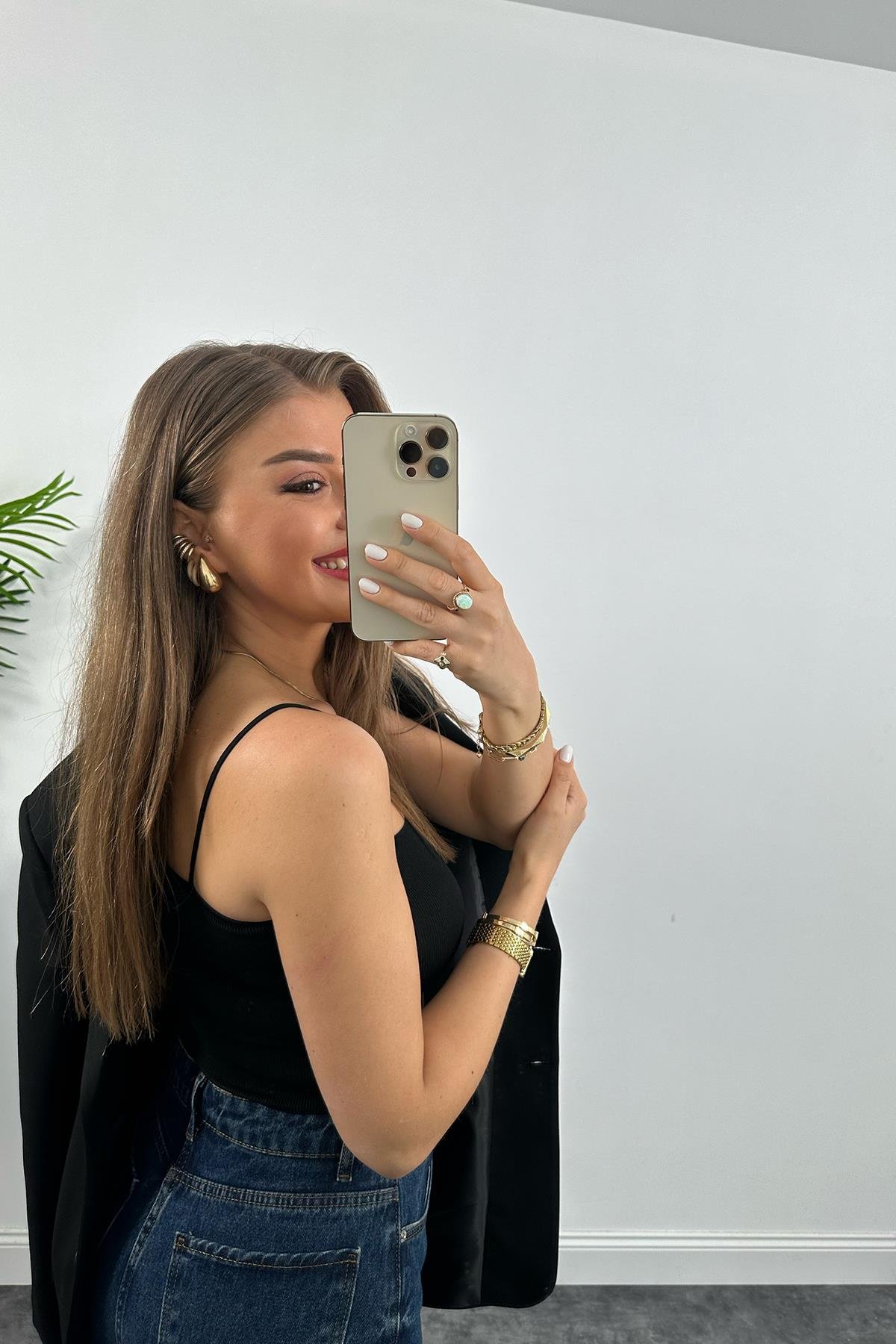 İp Askılı Elit Triko Crop Top Siyah 