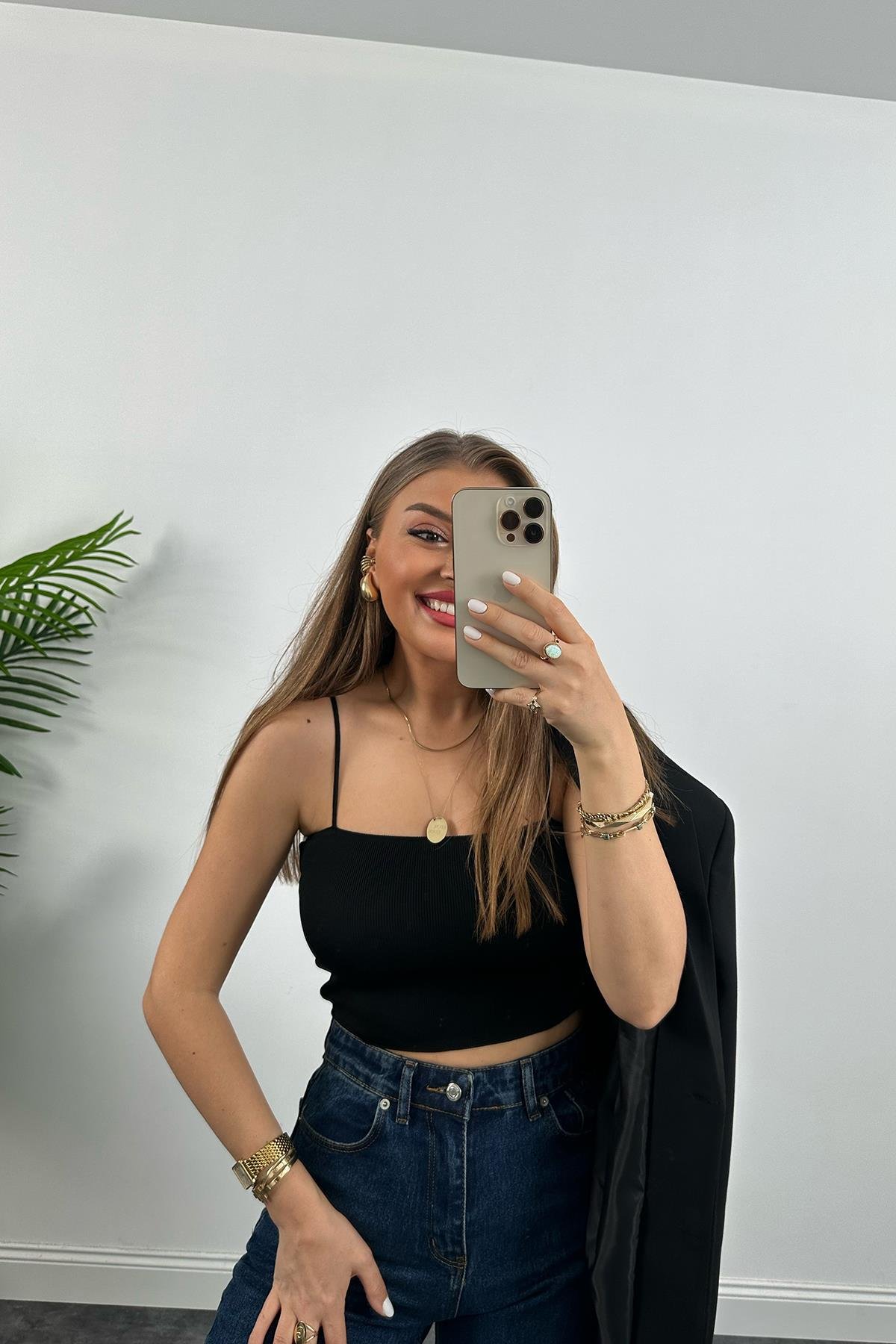İp Askılı Elit Triko Crop Top Siyah 