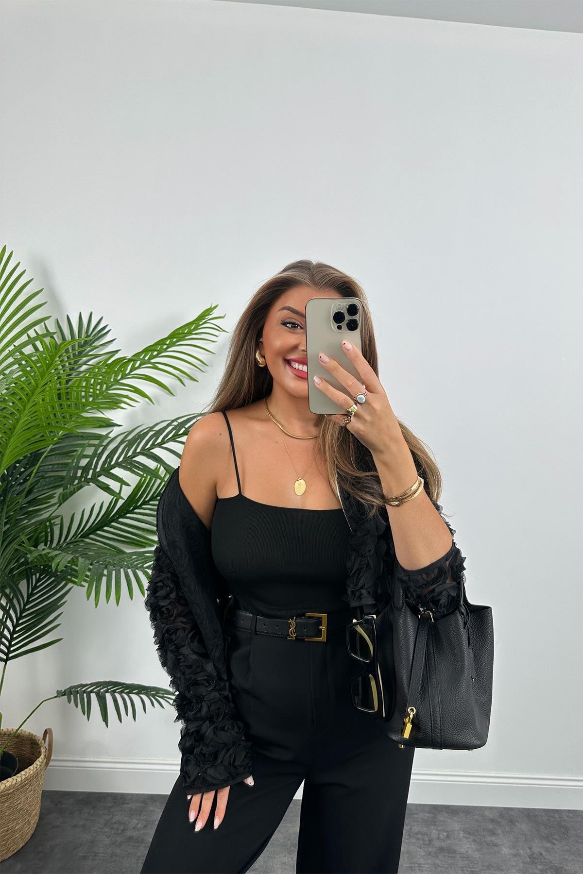 İp Askılı Elit Triko Crop Top Siyah 