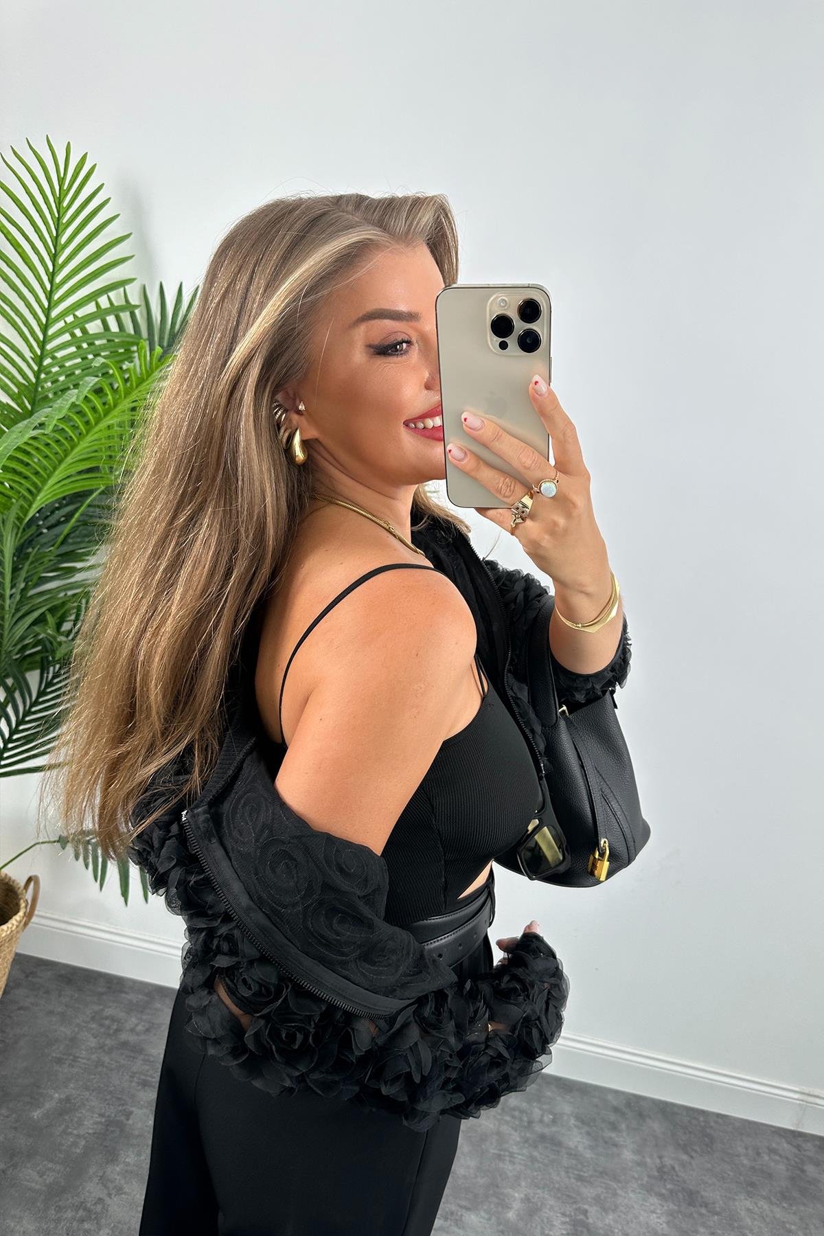 İp Askılı Elit Triko Crop Top Siyah 