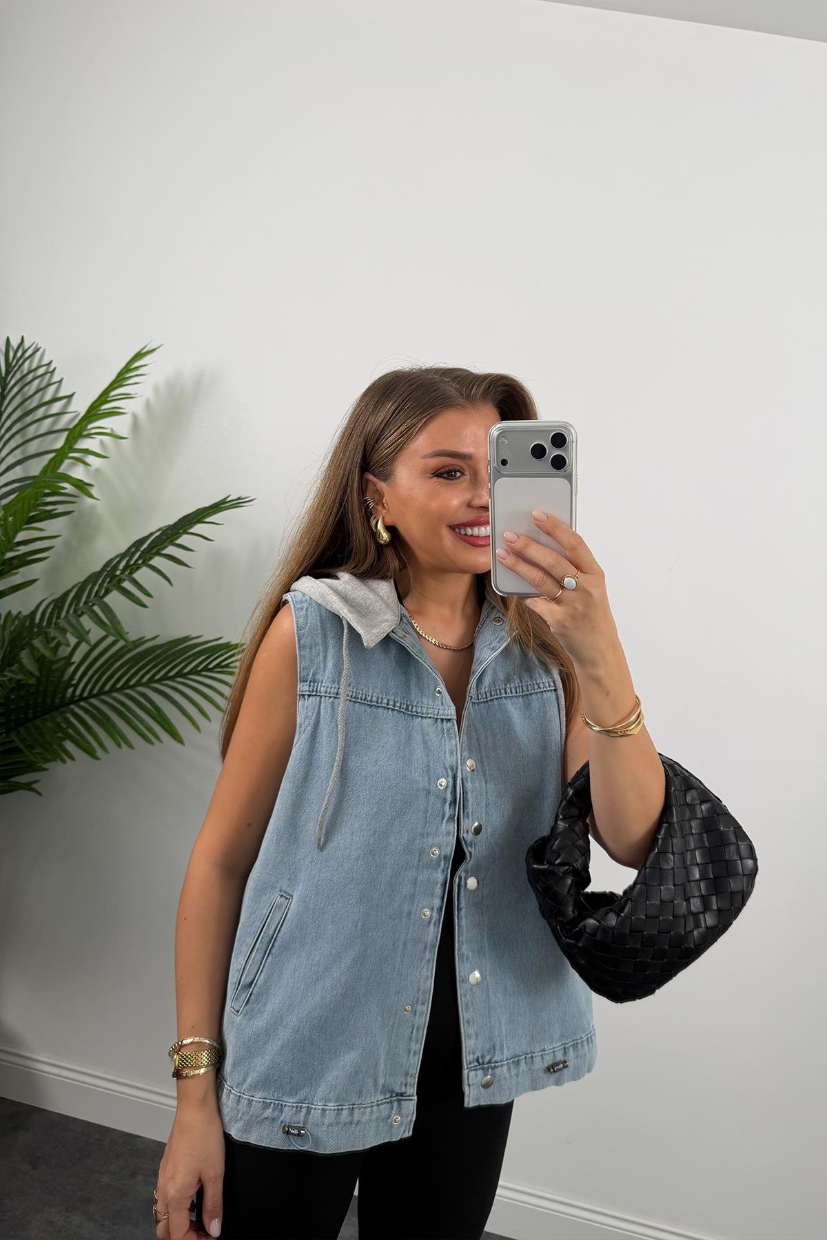 Kapüşonlu Jean Yelek