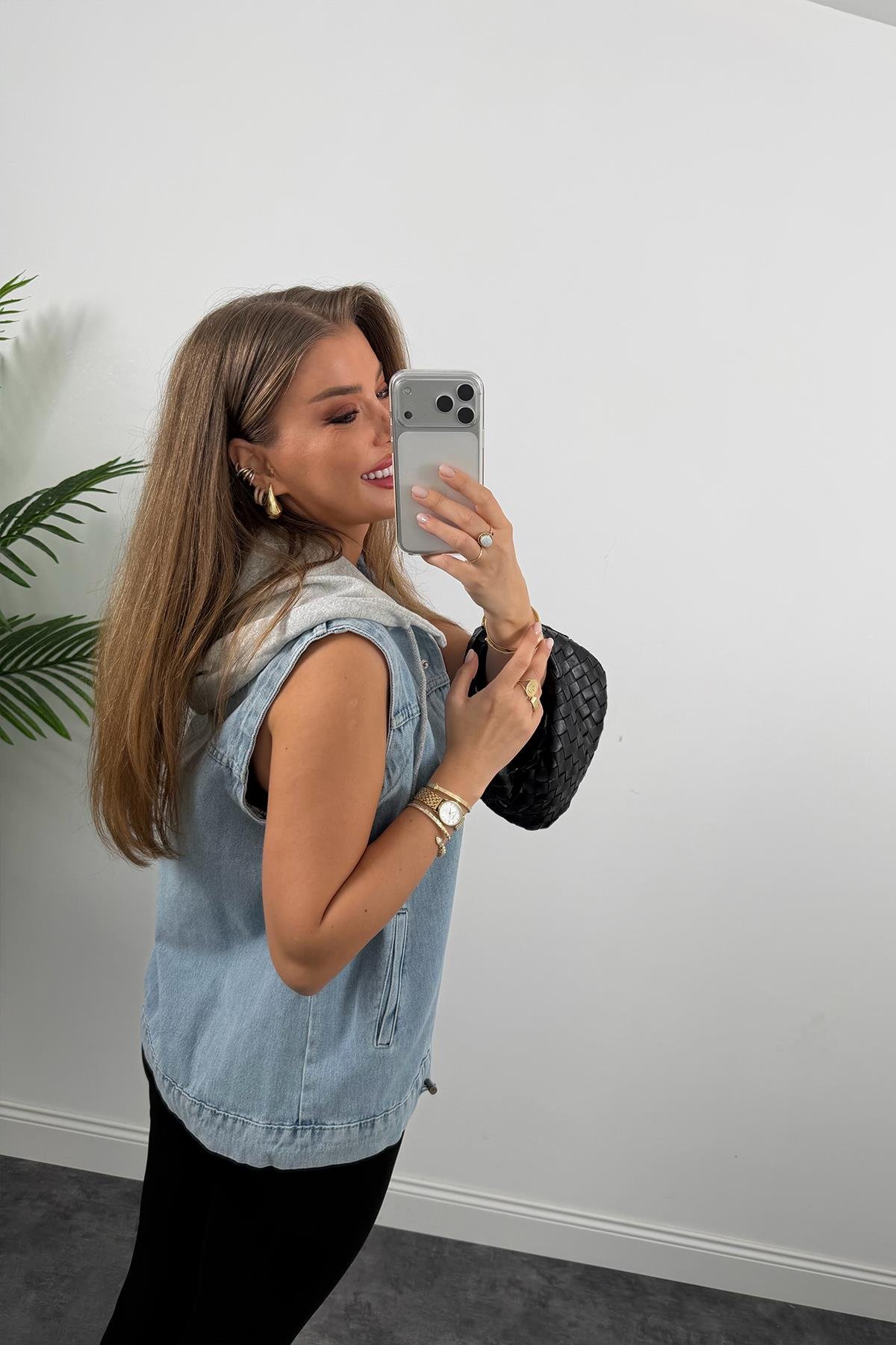 Kapüşonlu Jean Yelek