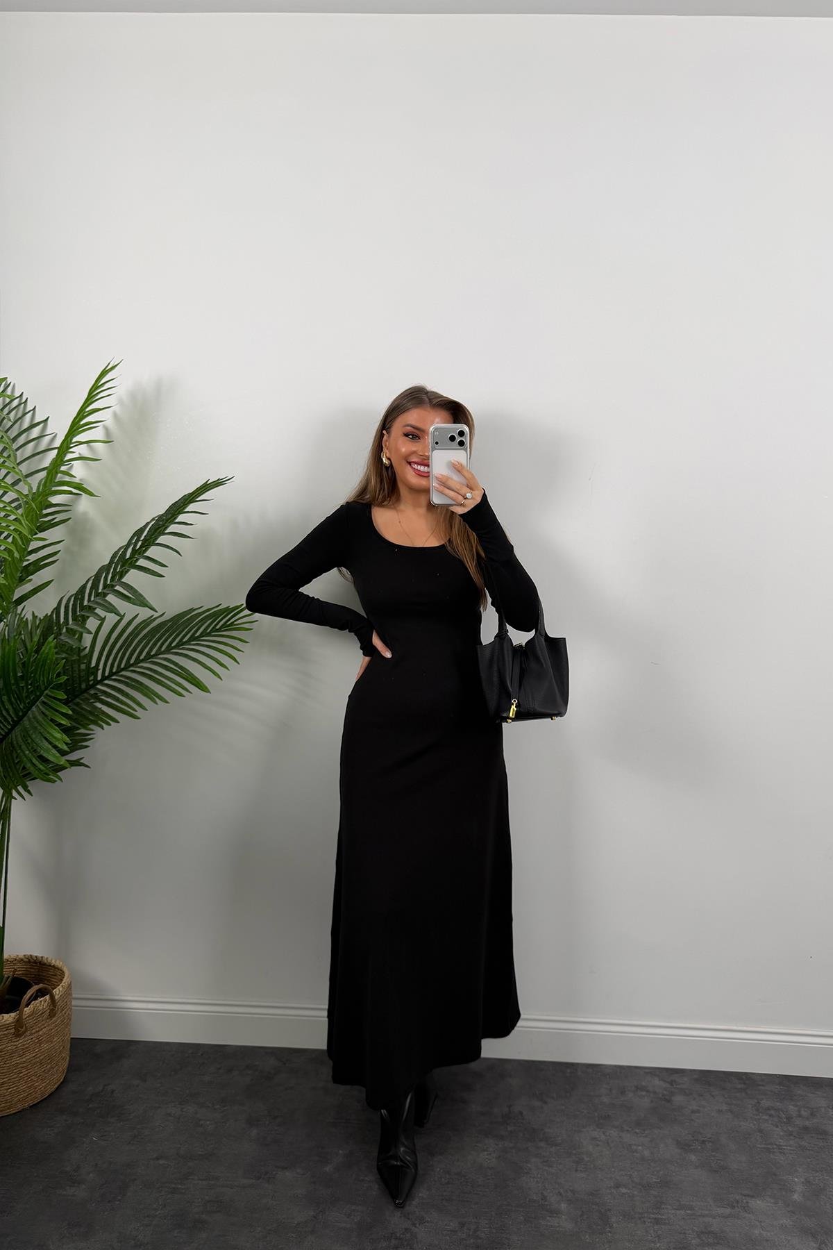 Likralı Çelik Kumaş Maxi Basic Elbise Siyah
