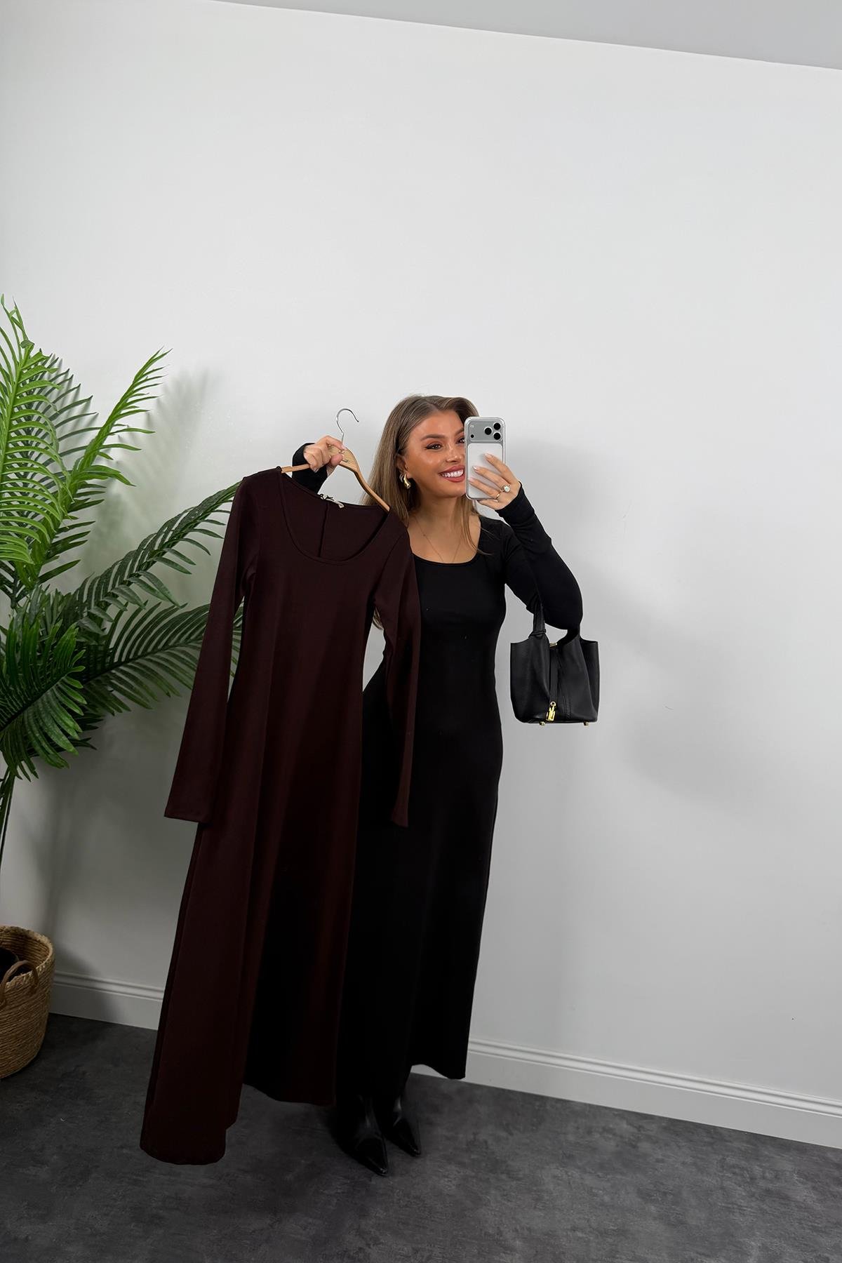 Likralı Çelik Kumaş Maxi Basic Elbise Siyah