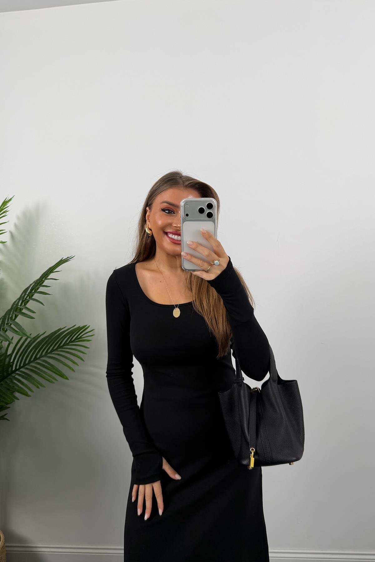 Likralı Çelik Kumaş Maxi Basic Elbise Siyah