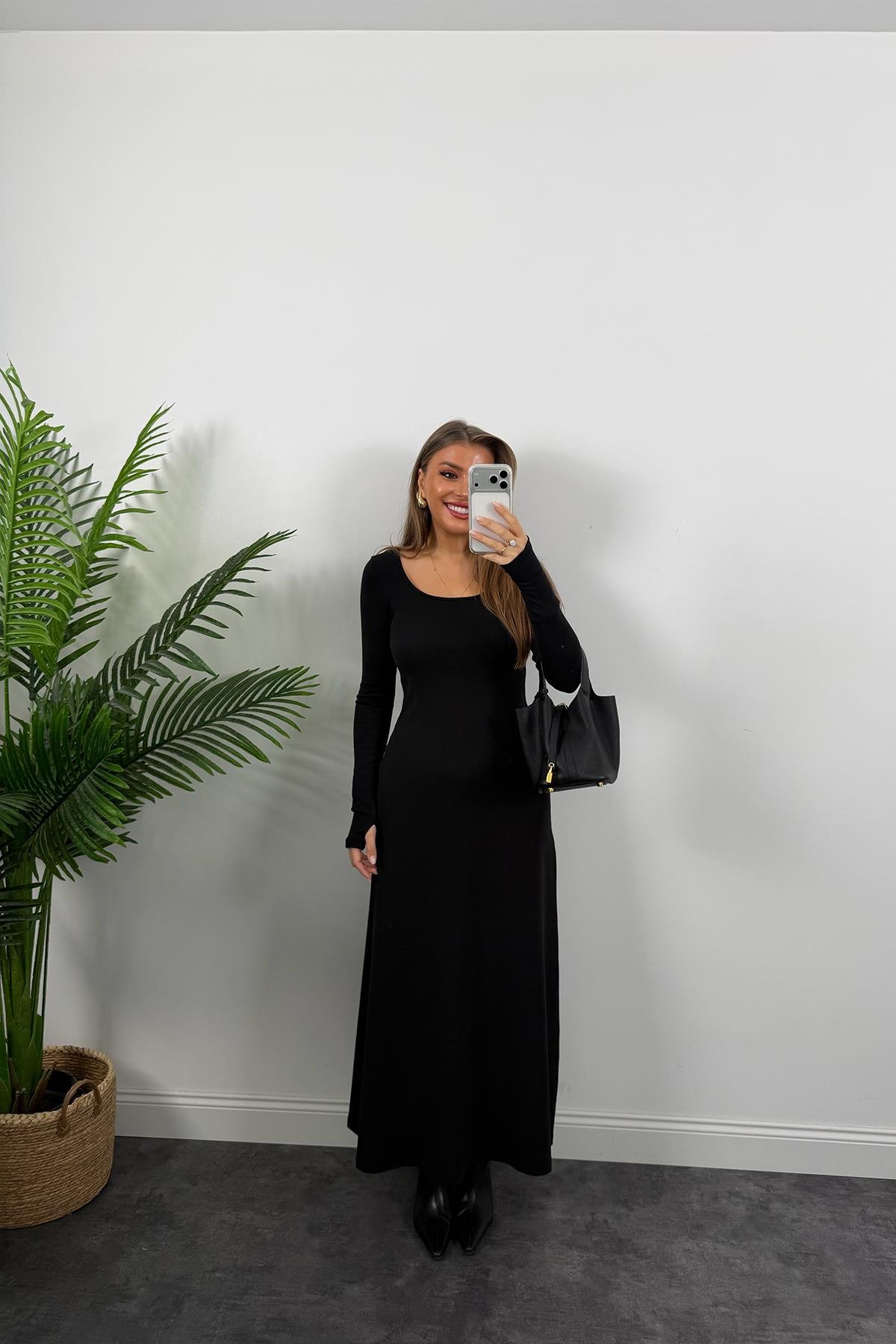 Likralı Çelik Kumaş Maxi Basic Elbise Siyah