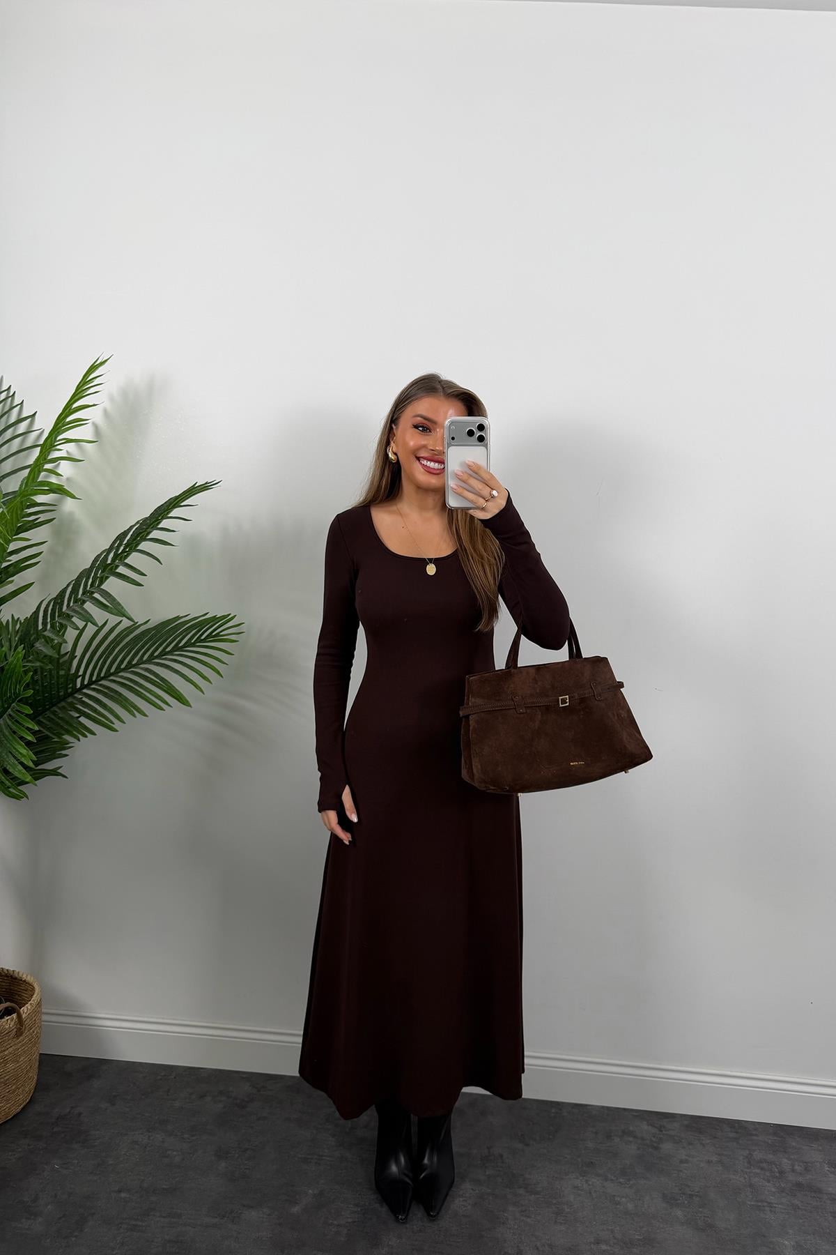 Likralı Çelik Kumaş Maxi Basic Elbise Acı Kahve