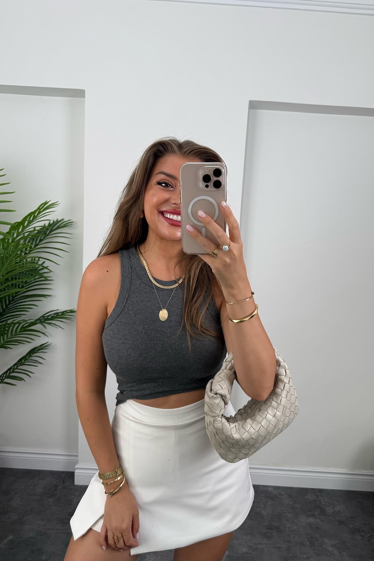Likralı Fitilli Basic Halter Atlet Antrasit