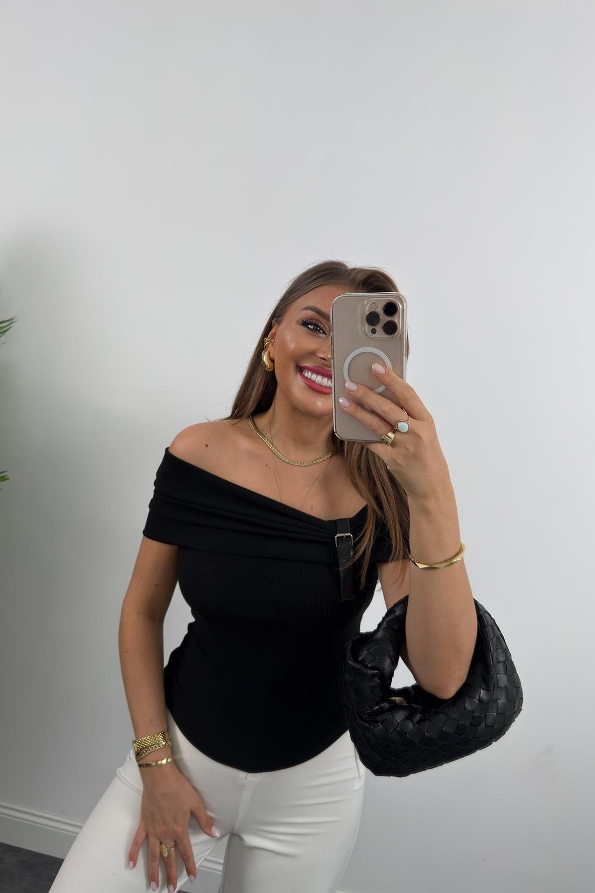 Likralı Ottoman Kumaş Yakası Kemerli Madonna Bluz