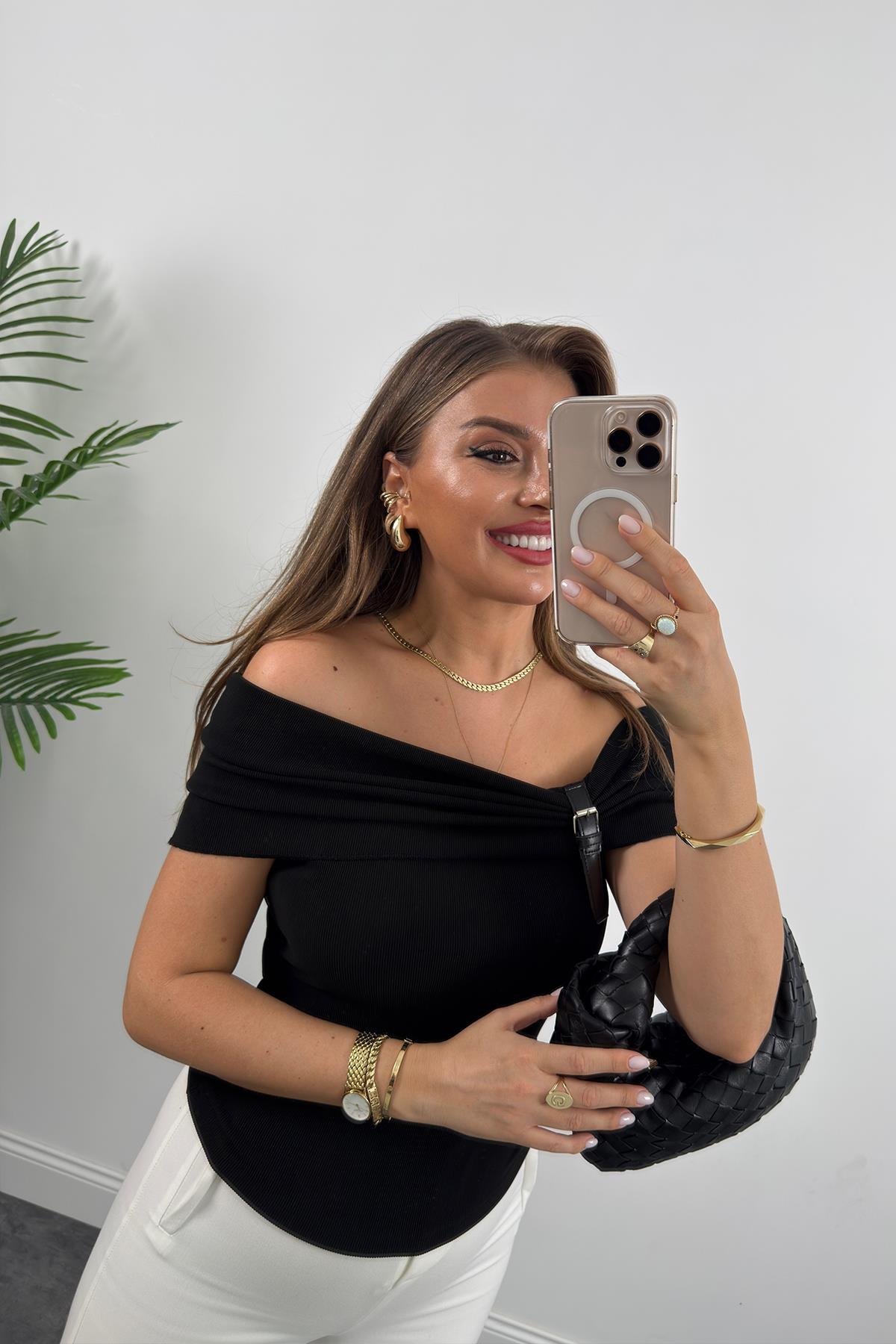 Likralı Ottoman Kumaş Yakası Kemerli Madonna Bluz