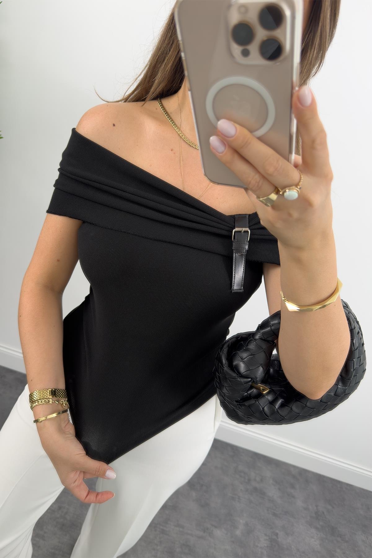 Likralı Ottoman Kumaş Yakası Kemerli Madonna Bluz