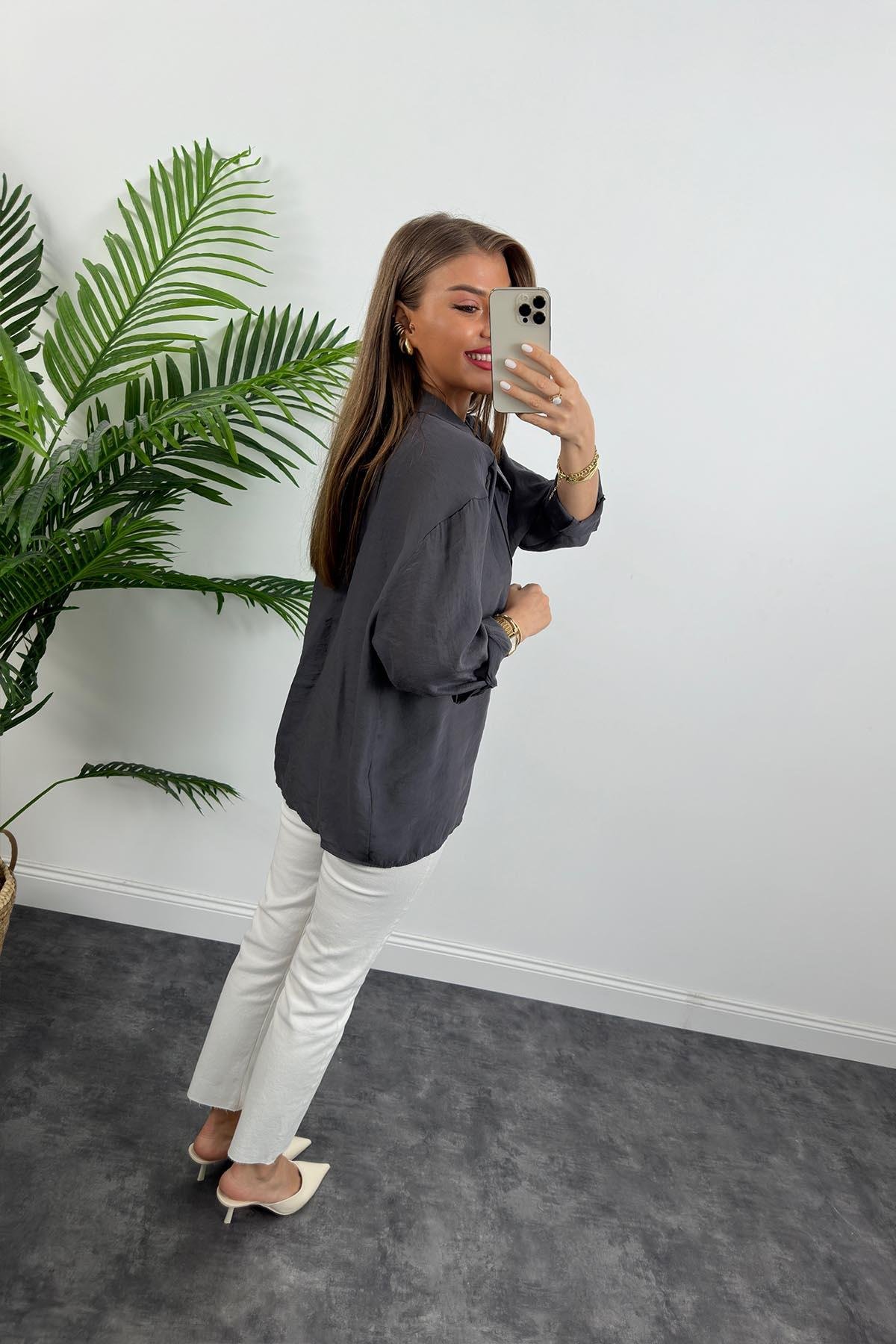 Lüx Kalite Basic Salaş Tensel Gömlek Antrasit Gri