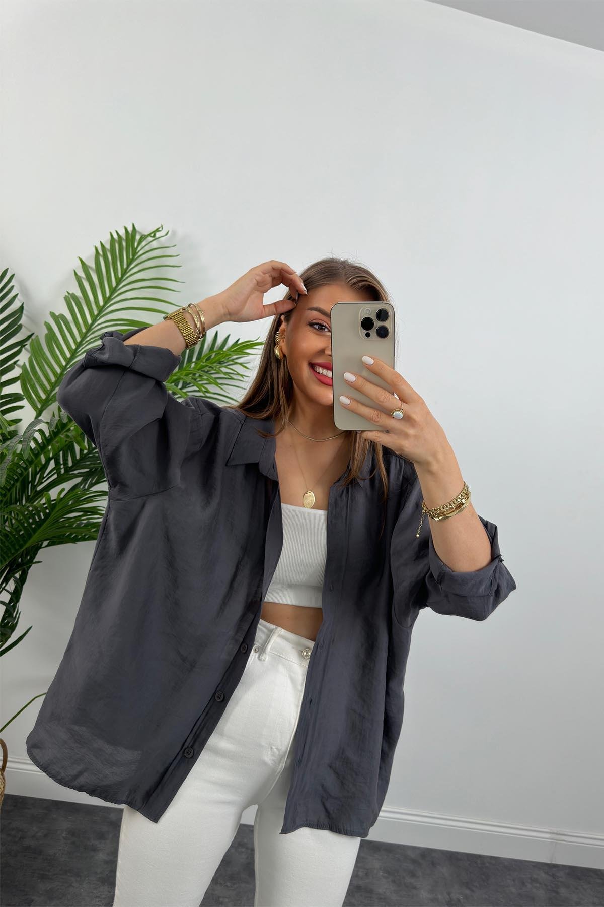 Lüx Kalite Basic Salaş Tensel Gömlek Antrasit Gri