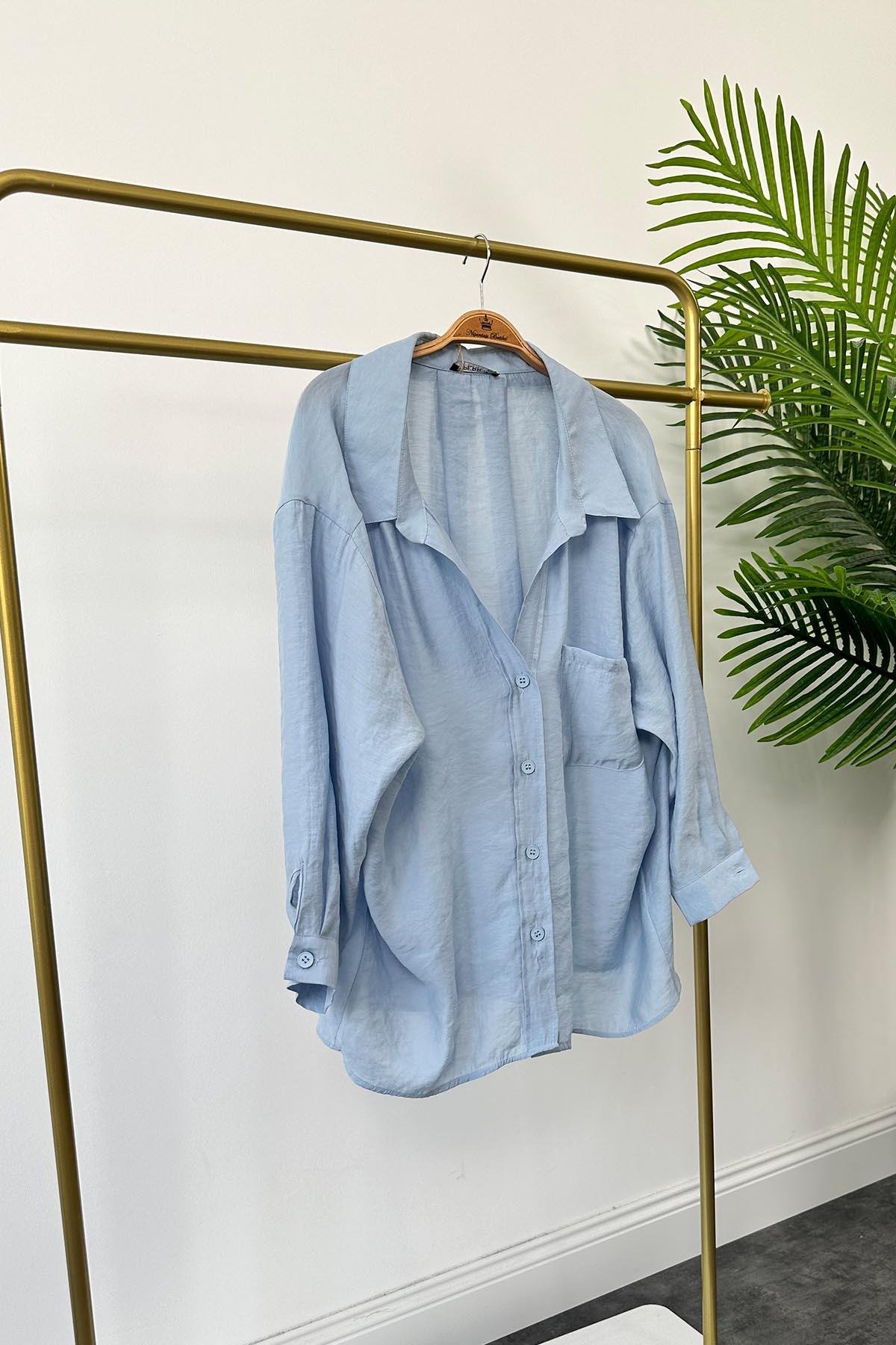 Lüx Kalite Basic Salaş Tensel Gömlek Açık Mavi