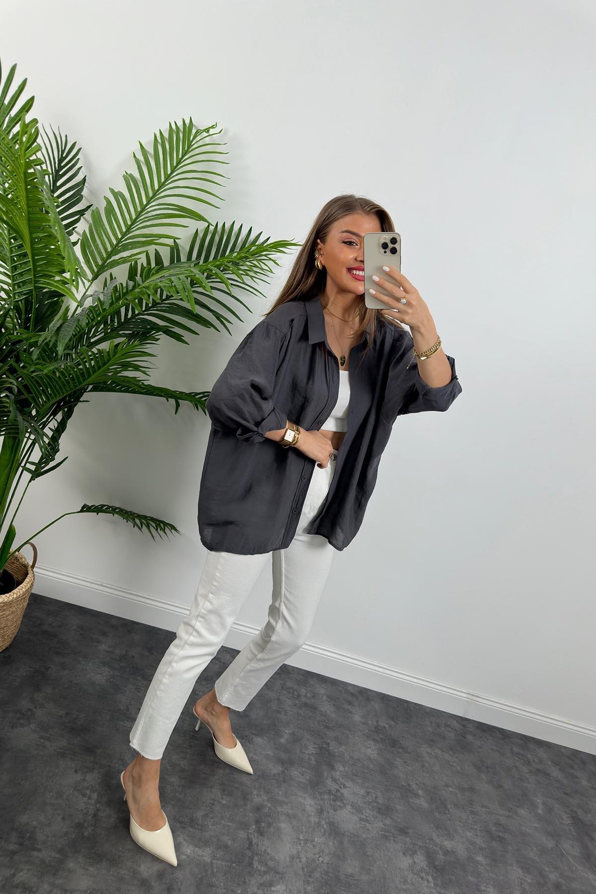 Lüx Kalite Basic Salaş Tensel Gömlek Antrasit Gri