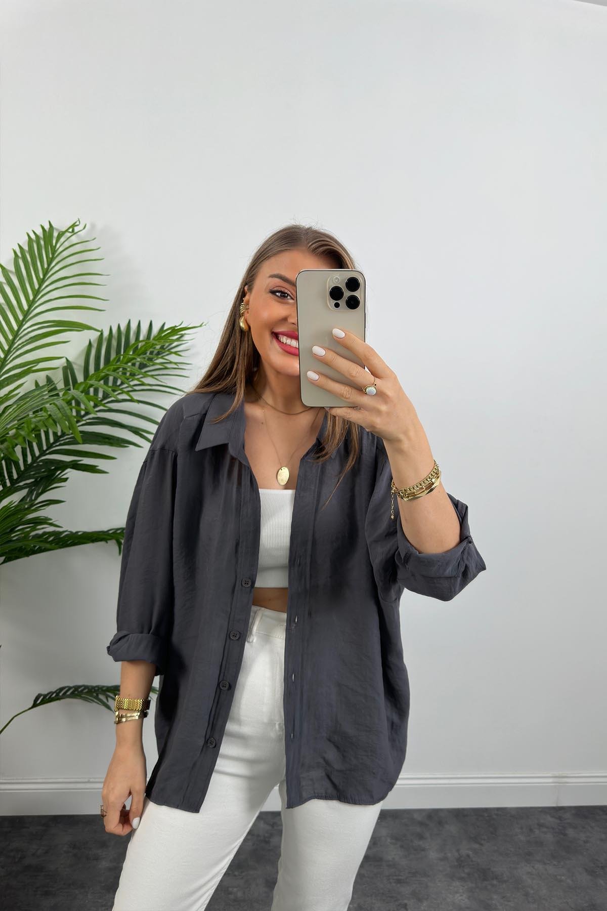 Lüx Kalite Basic Salaş Tensel Gömlek Antrasit Gri