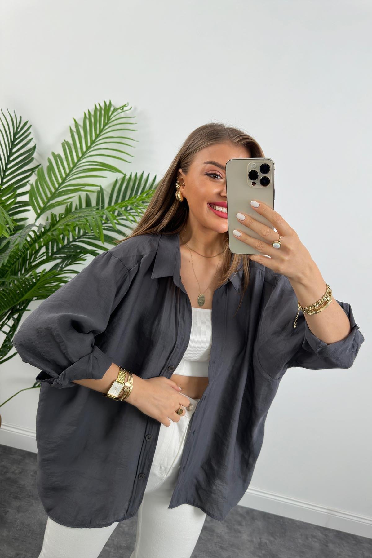 Lüx Kalite Basic Salaş Tensel Gömlek Antrasit Gri