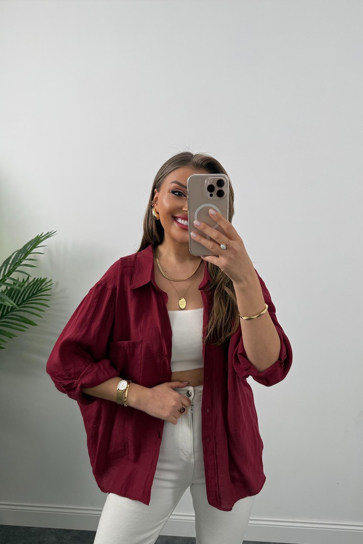 Lüx Kalite Basic Salaş Tensel Gömlek Bordo