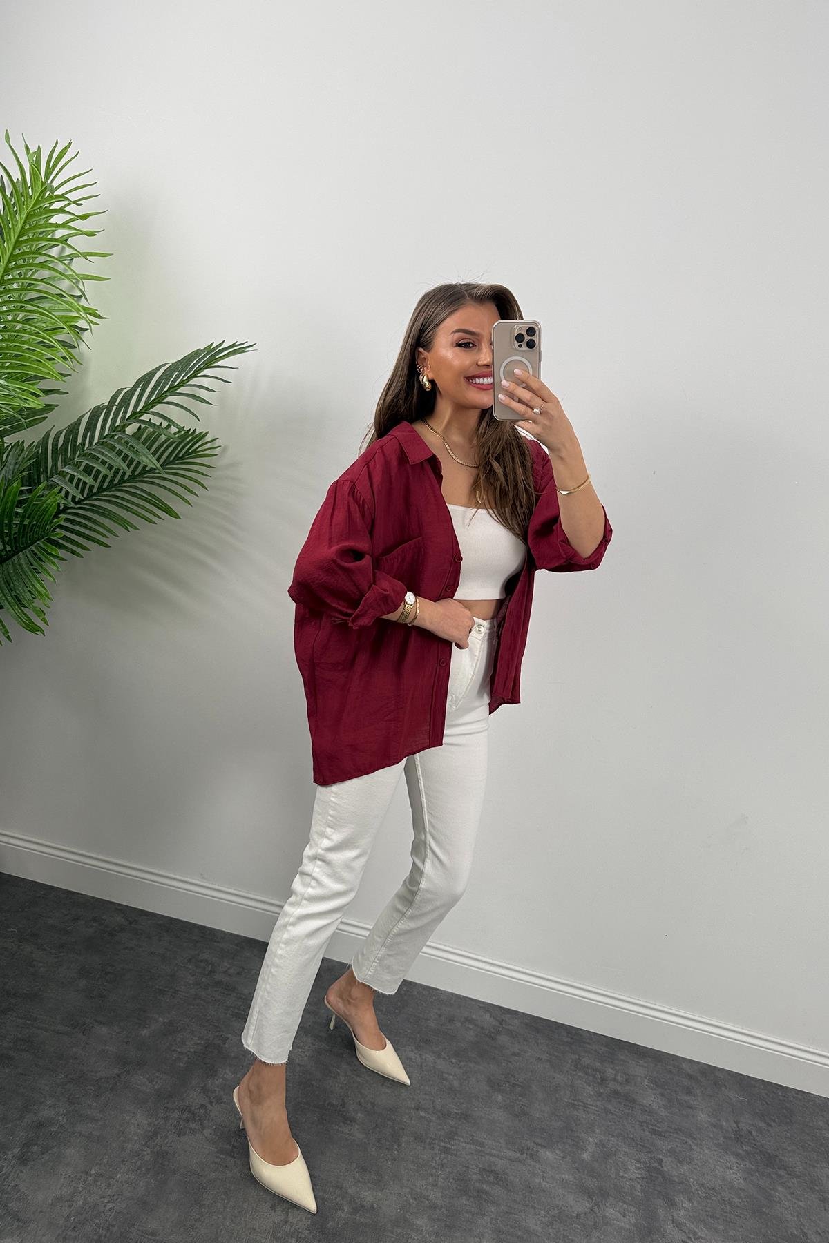 Lüx Kalite Basic Salaş Tensel Gömlek Bordo