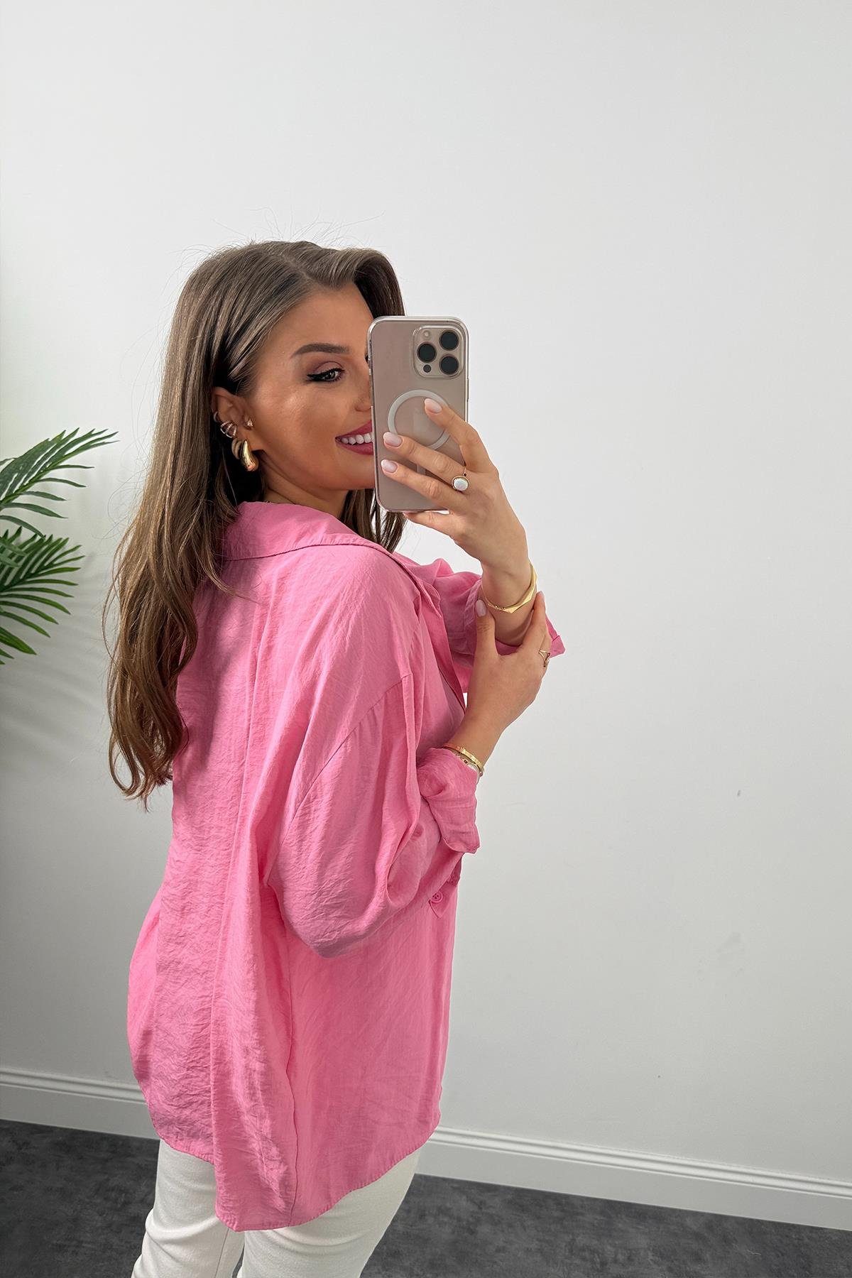 Lüx Kalite Basic Salaş Tensel Gömlek Barbie Pembe